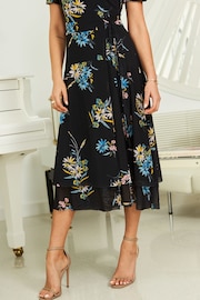 Sosandar Black Floral Print Mesh Wrap Midi Dress - Image 4 of 4