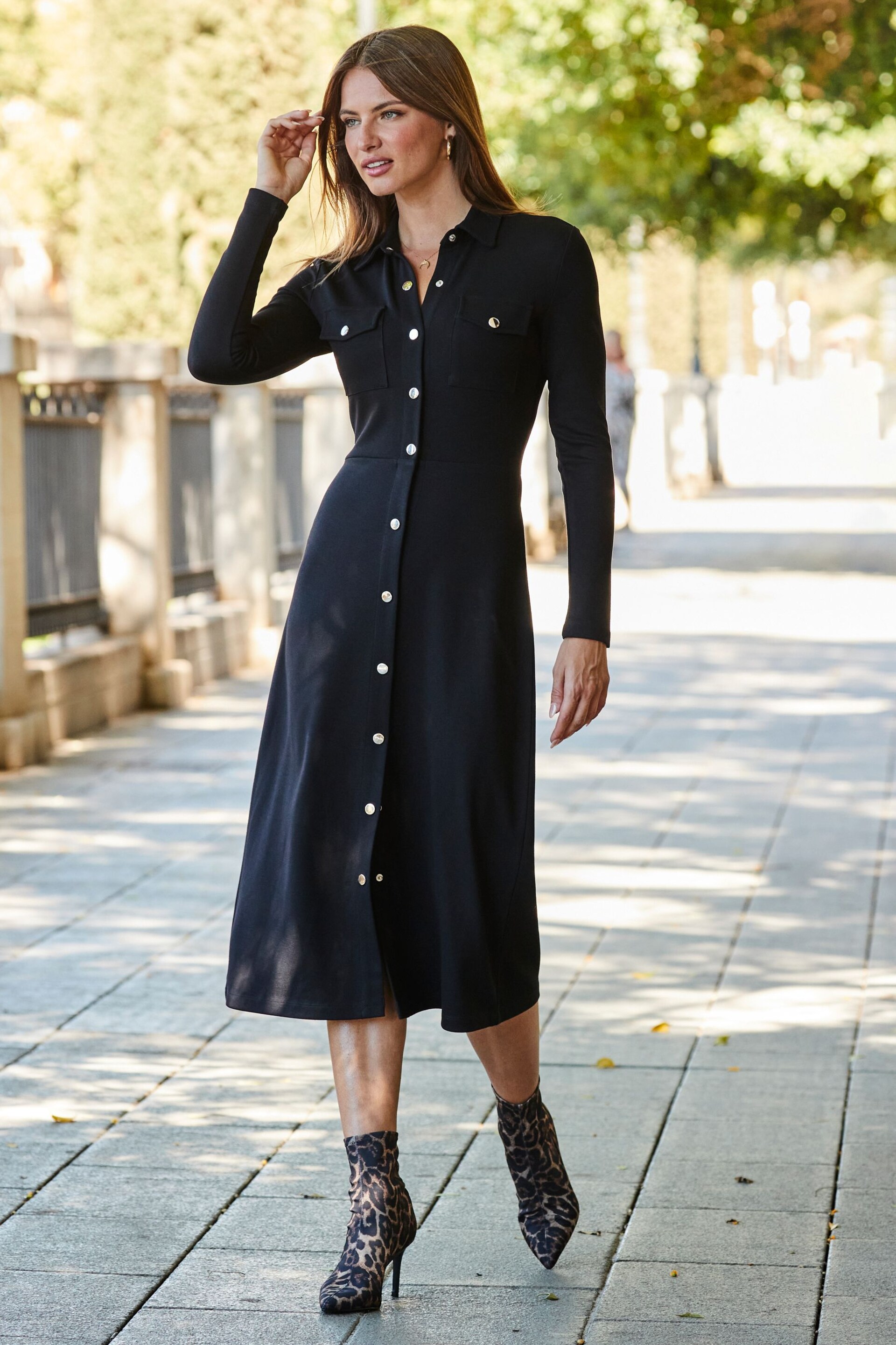 Sosandar Black Button Through Shirt Dress - Image 1 of 4