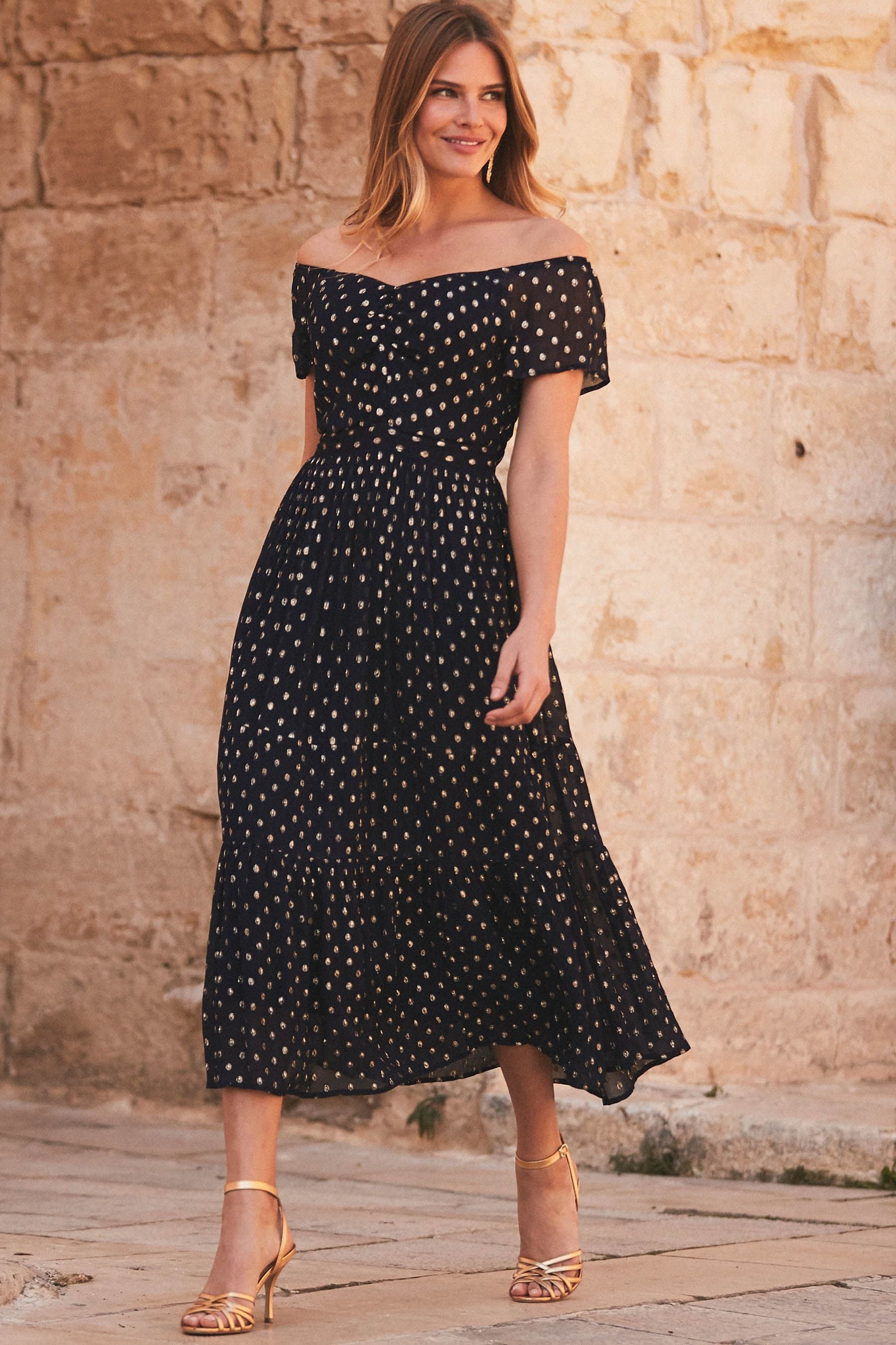 Buy Sosandar Blue Spot Bardot Midi Dress from the Next UK online shop