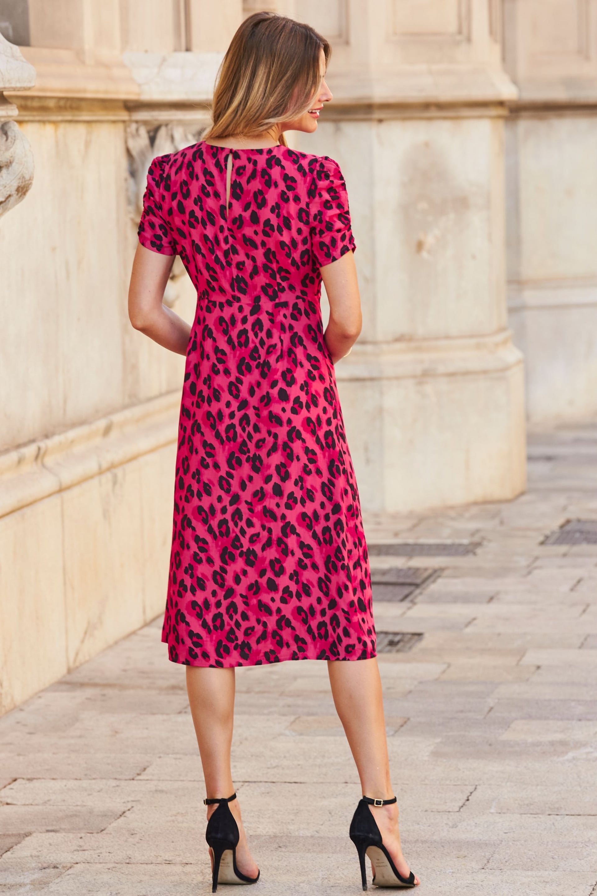 Sosandar Pink Animal Print Short Sleeve Midi Dress - Image 2 of 3