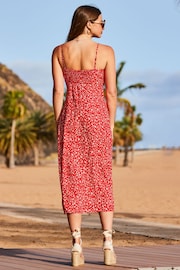 Sosandar Red Floral Ruched Bust Strappy Midi Dress - Image 2 of 5