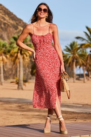 Sosandar Red Floral Ruched Bust Strappy Midi Dress - Image 3 of 5