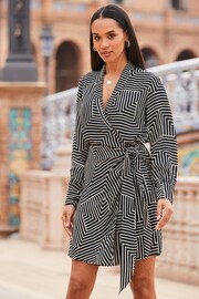 Sosandar Black Geo Shawl Collar Mini Wrap Shirt Dress - Image 4 of 5