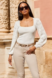 Sosandar Cream Square Neck Crochet Sleeve Jumper - Image 2 of 5