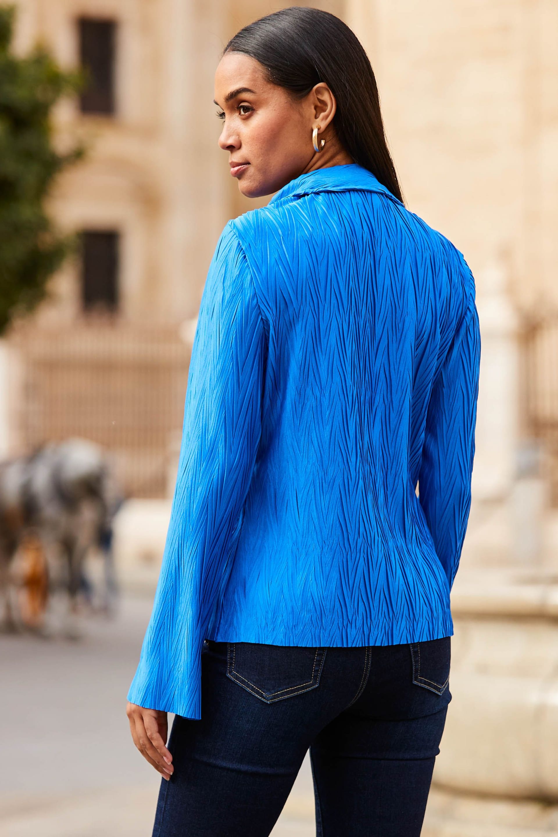 Sosandar Blue Long Sleeve Plisse Shirt - Image 2 of 5