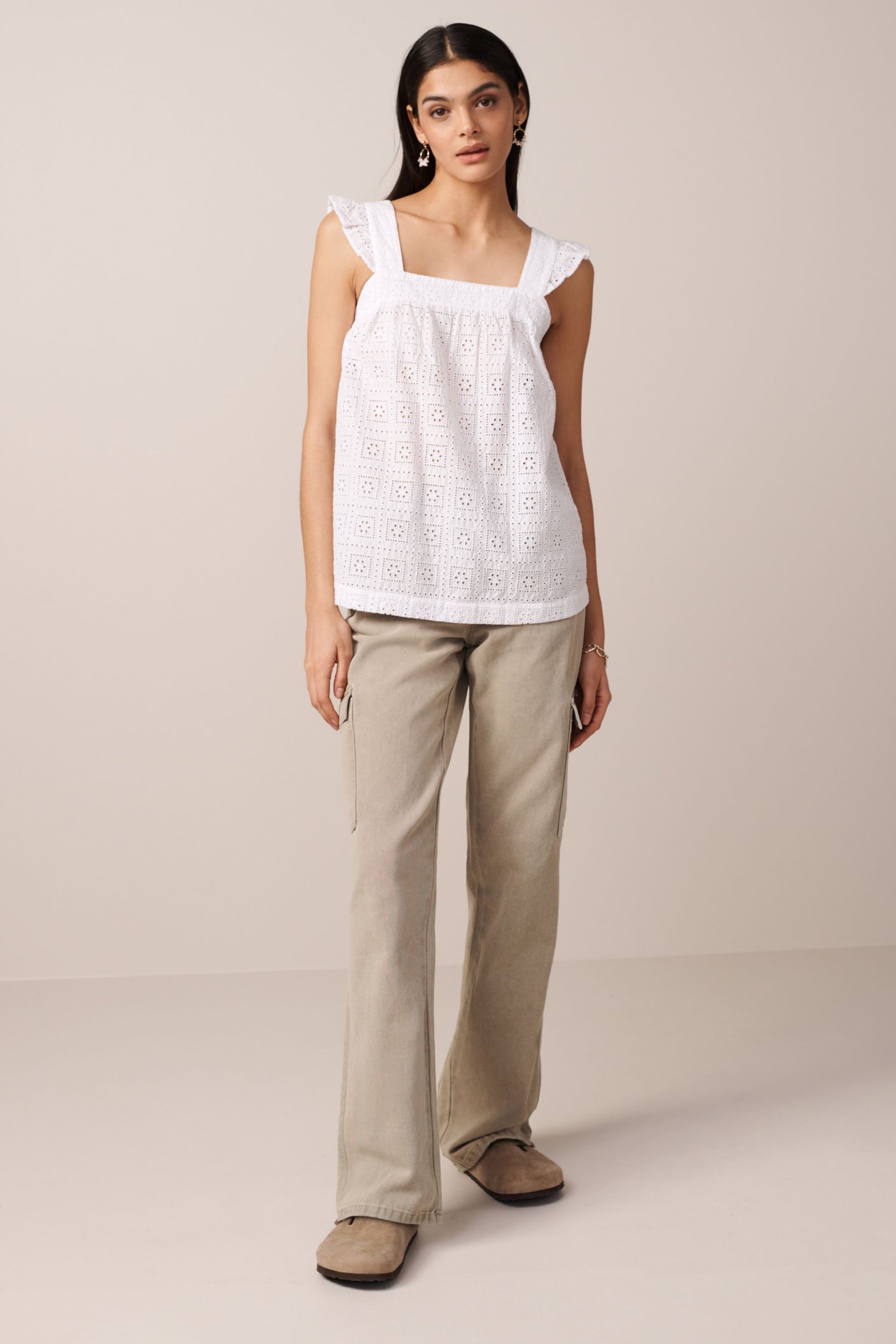 White Broderie Frill Sleeve Embroidered Cami Top - Image 2 of 6