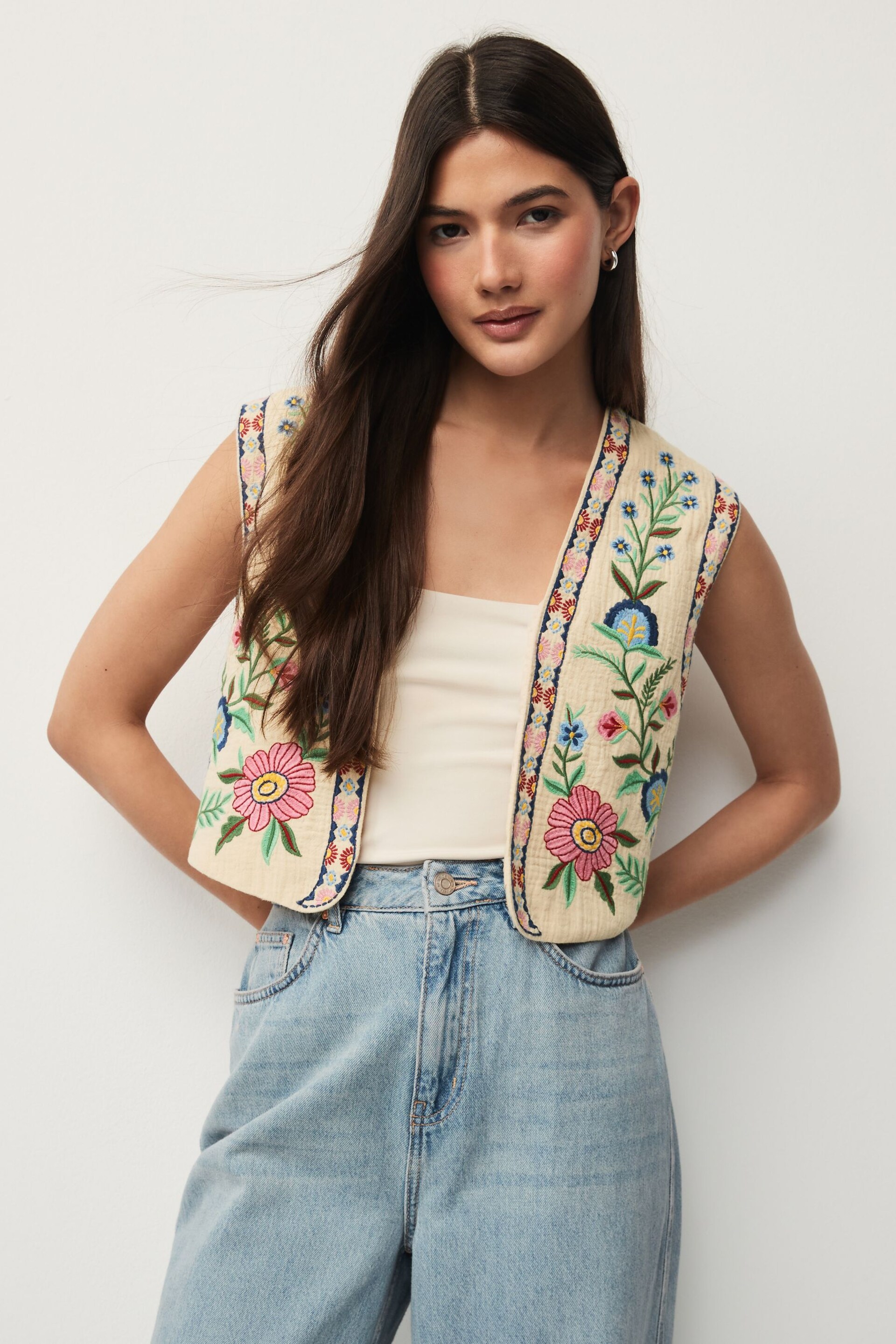 Ecru Multi Floral Ecru Floral Embroidered Waistcoat - Image 4 of 7