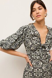 Black/White Tile Tie Front Puff Sleeve Mini Dress - Image 3 of 5