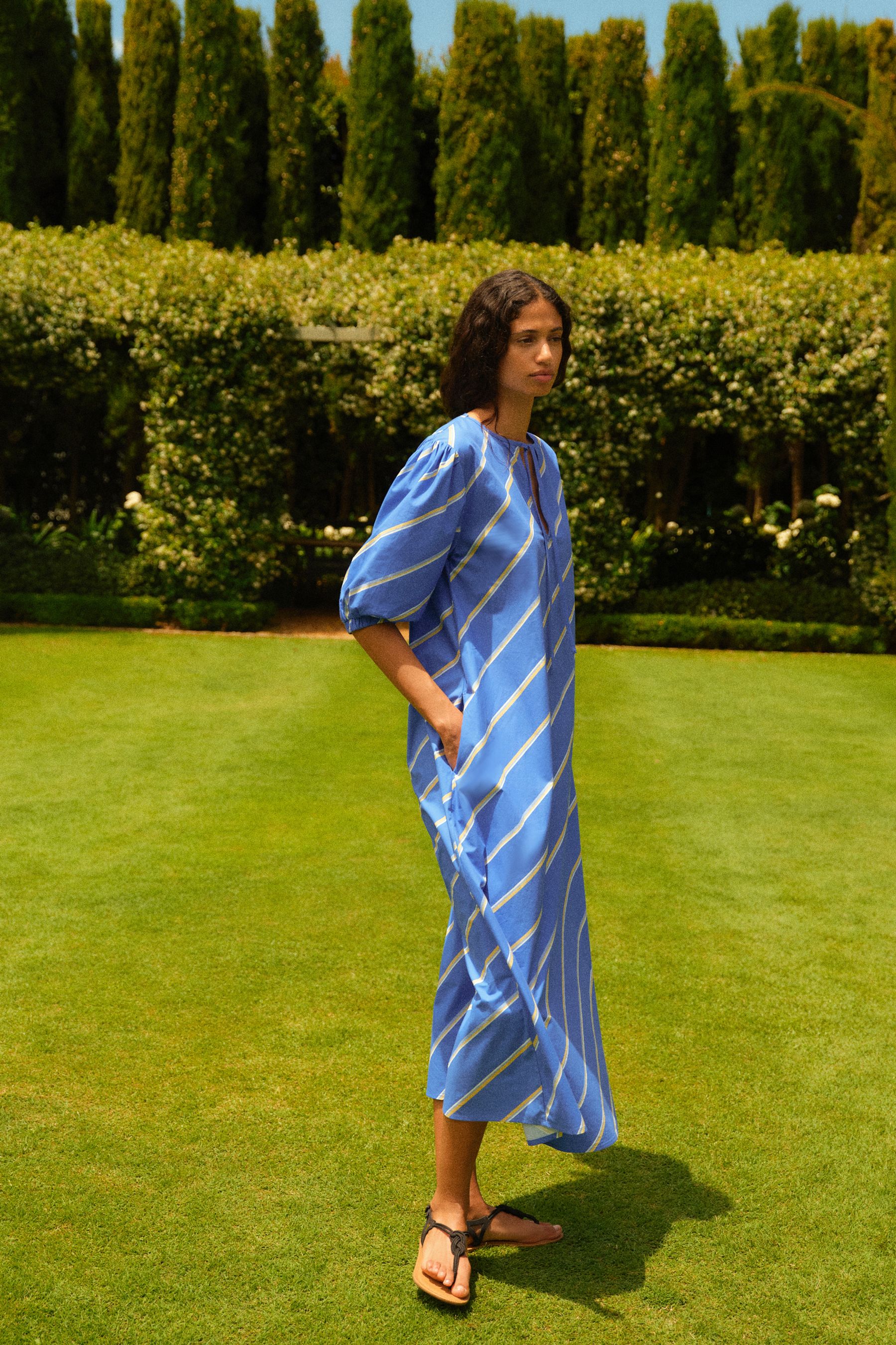 Blue and white striped cotton dress clearance