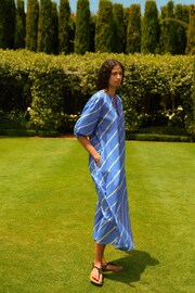 Blue/White Stripe Cotton Poplin Notchneck Puff Sleeve Maxi Dress - Image 1 of 6