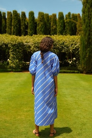Blue/White Stripe Cotton Poplin Notchneck Puff Sleeve Maxi Dress - Image 3 of 6