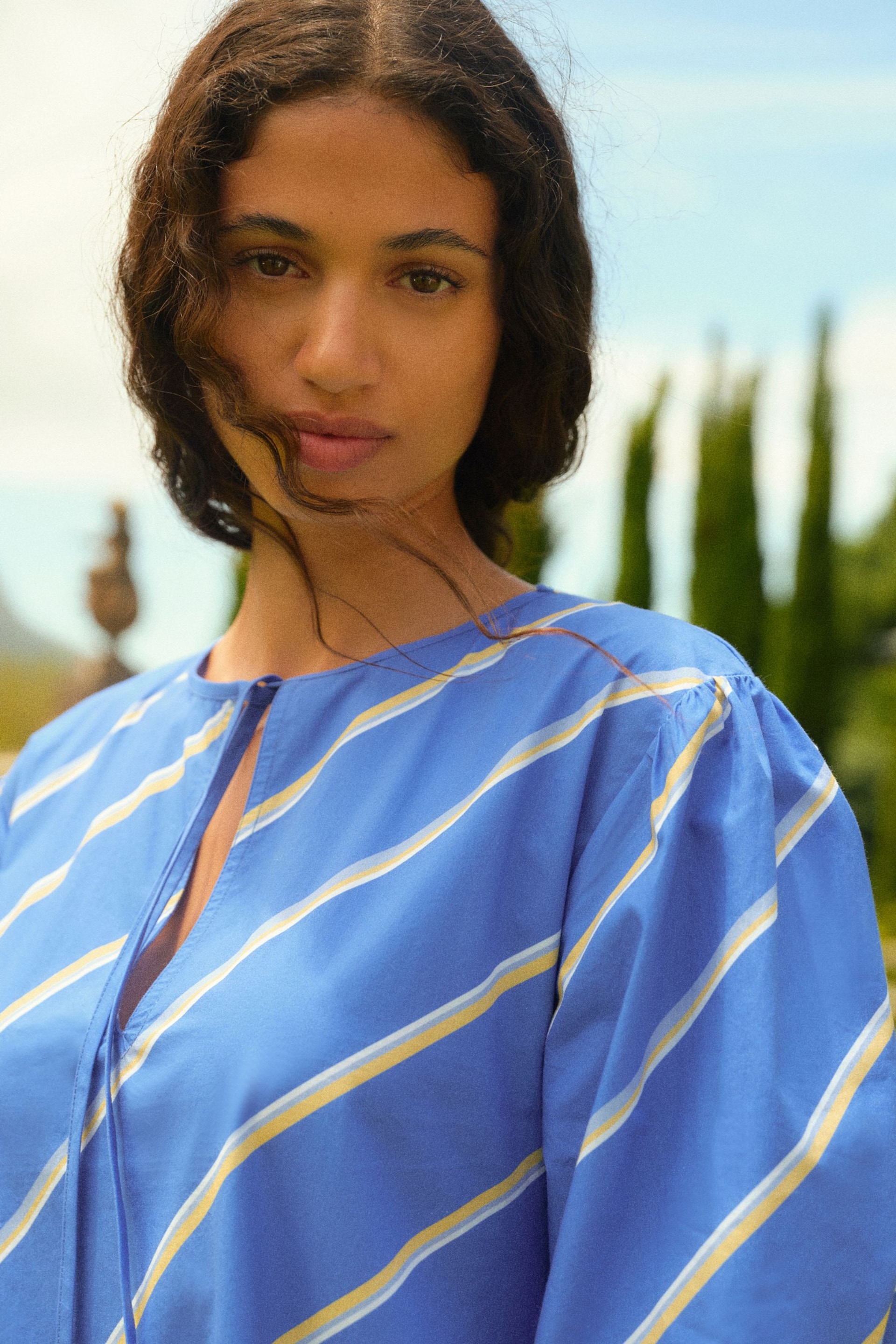 Blue/White Stripe Cotton Poplin Notchneck Puff Sleeve Maxi Dress - Image 4 of 6