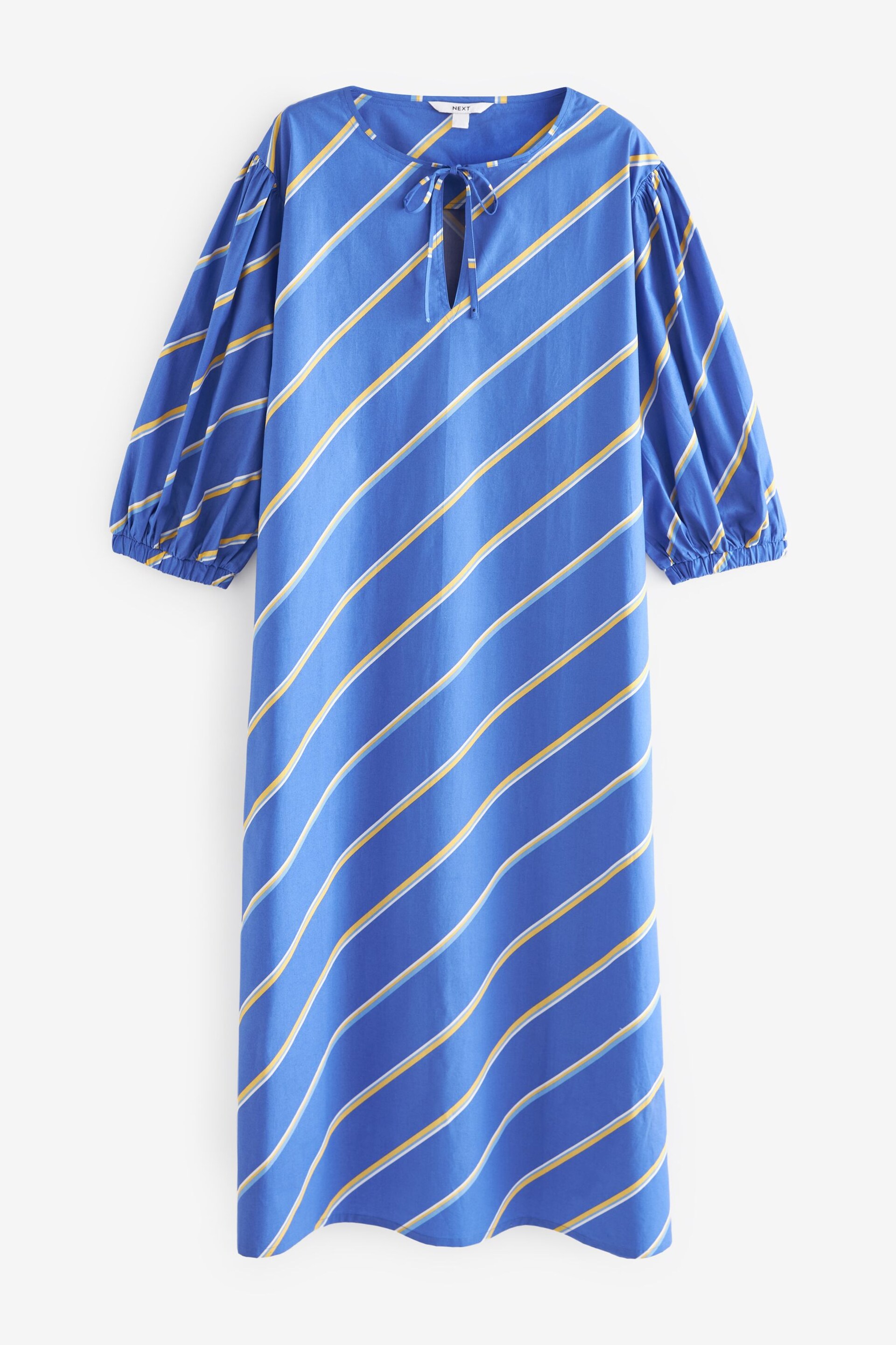 Blue/White Stripe Cotton Poplin Notchneck Puff Sleeve Maxi Dress - Image 5 of 6