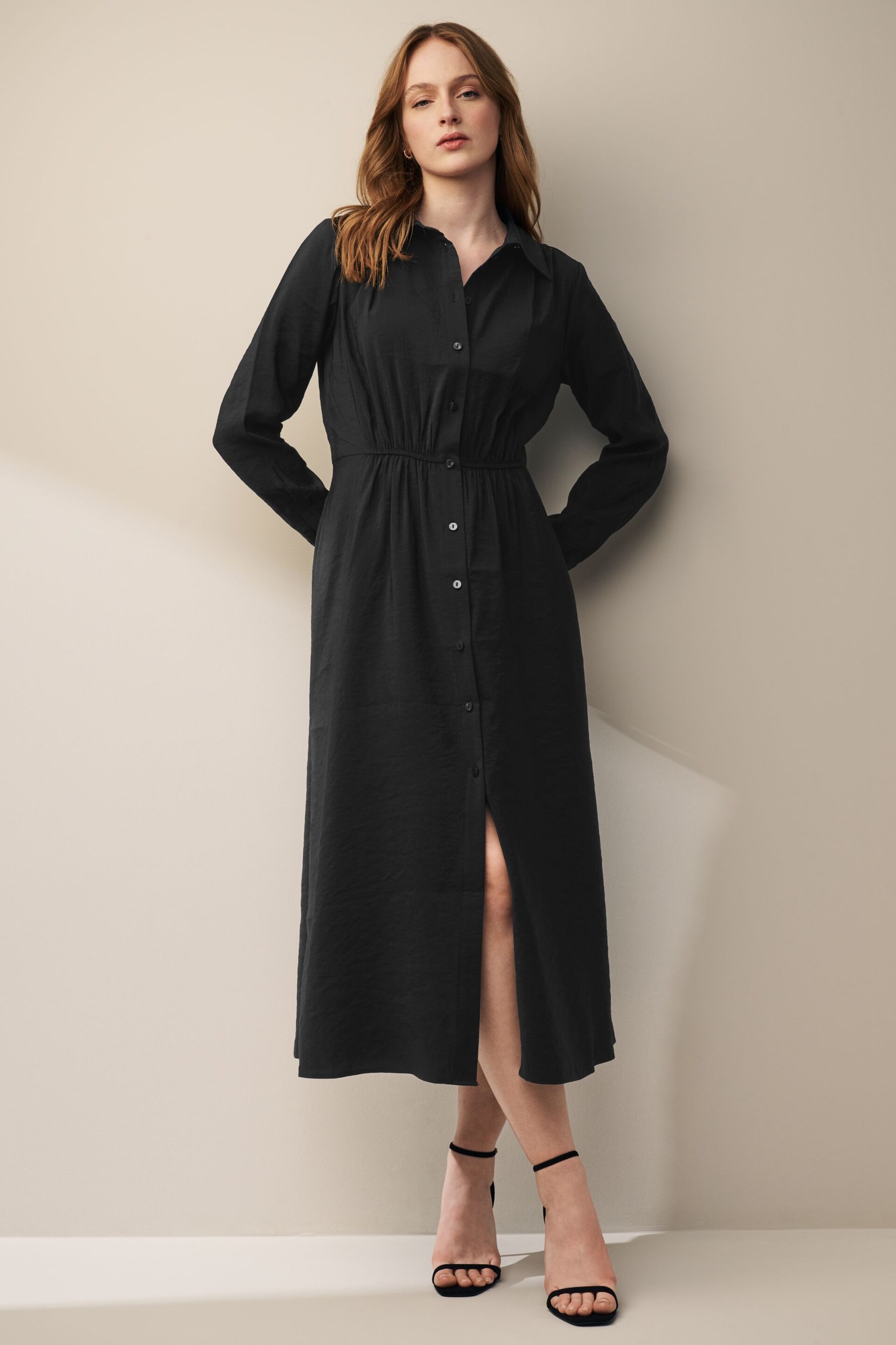 Black Long Sleeve Button Through Elastic Waist Midi Shirt Dress - Image 1 of 6
