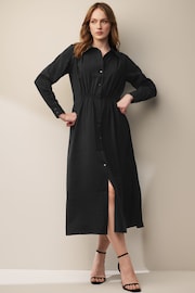 Black Long Sleeve Button Through Elastic Waist Midi Shirt Dress - Image 2 of 6