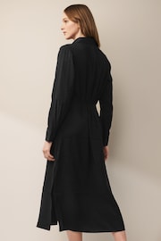 Black Long Sleeve Button Through Elastic Waist Midi Shirt Dress - Image 3 of 6