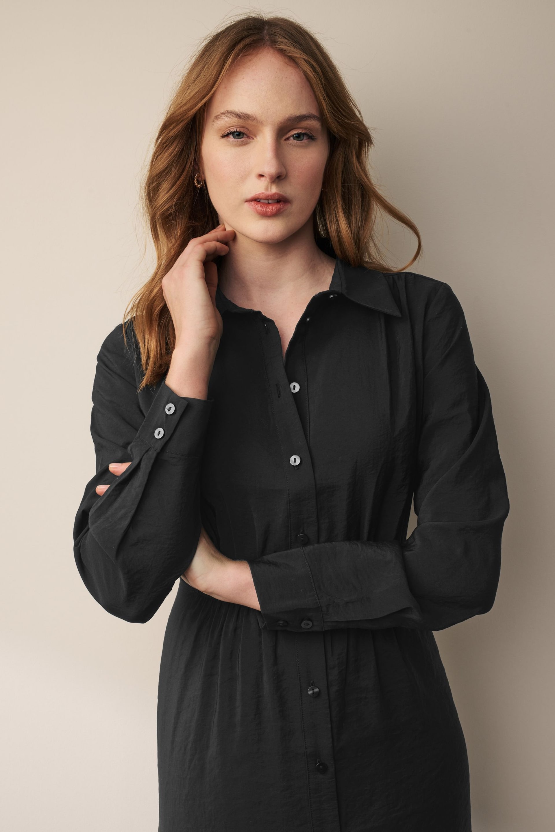 Black Long Sleeve Button Through Elastic Waist Midi Shirt Dress - Image 4 of 6