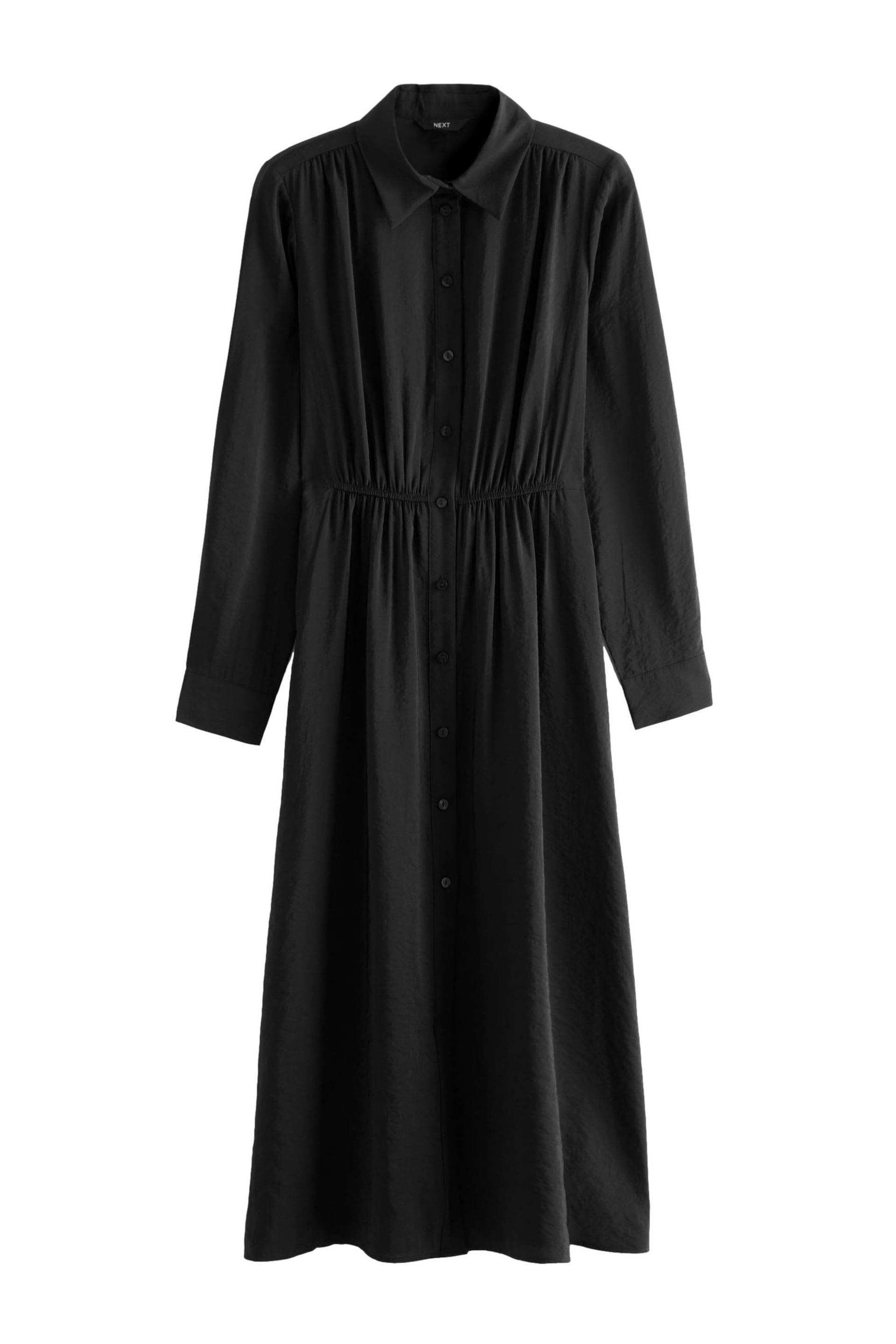 Black Long Sleeve Button Through Elastic Waist Midi Shirt Dress - Image 5 of 6