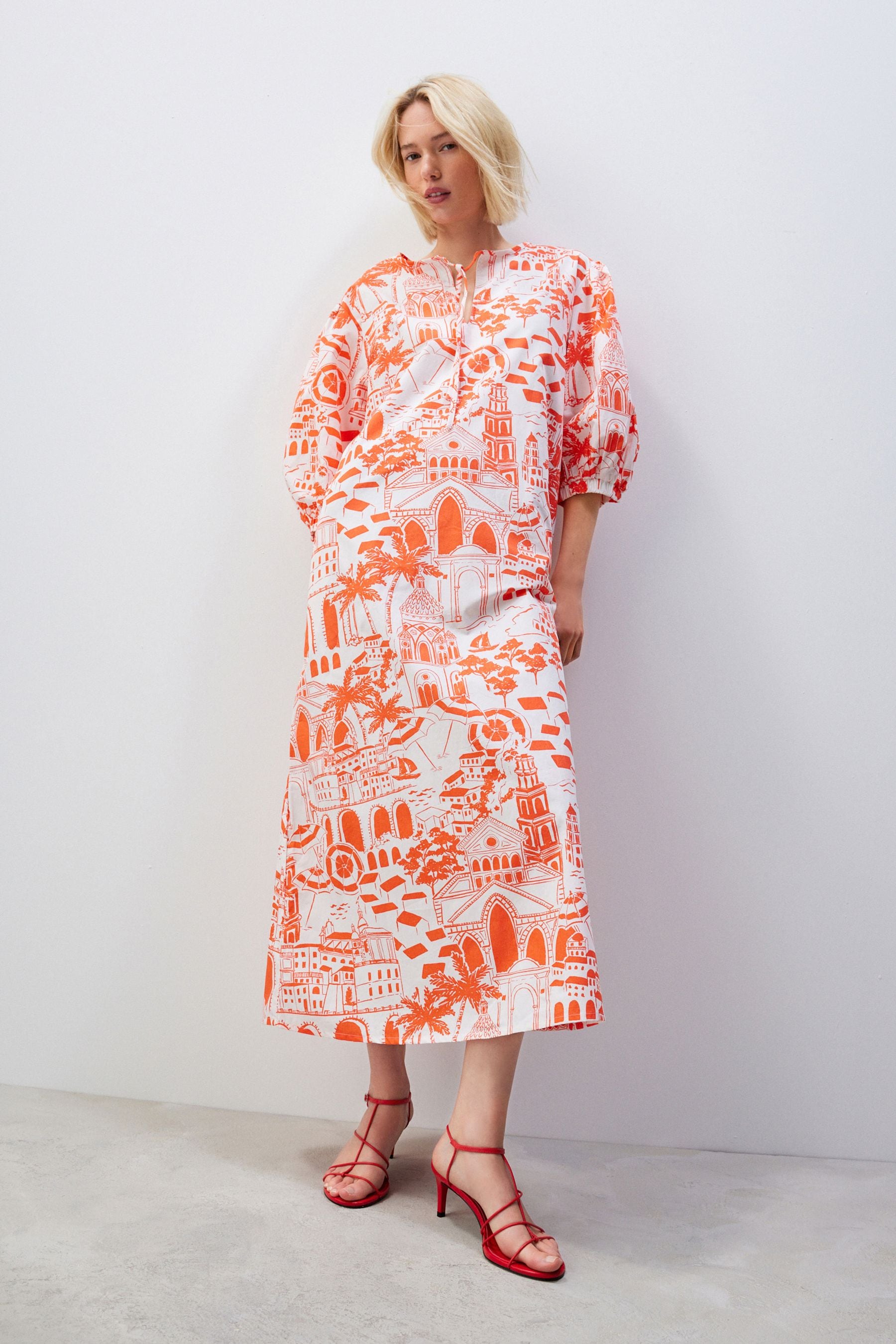 Buy Red White Scenic Print Cotton Poplin Notchneck Puff Sleeve Maxi Dress from Next Luxembourg