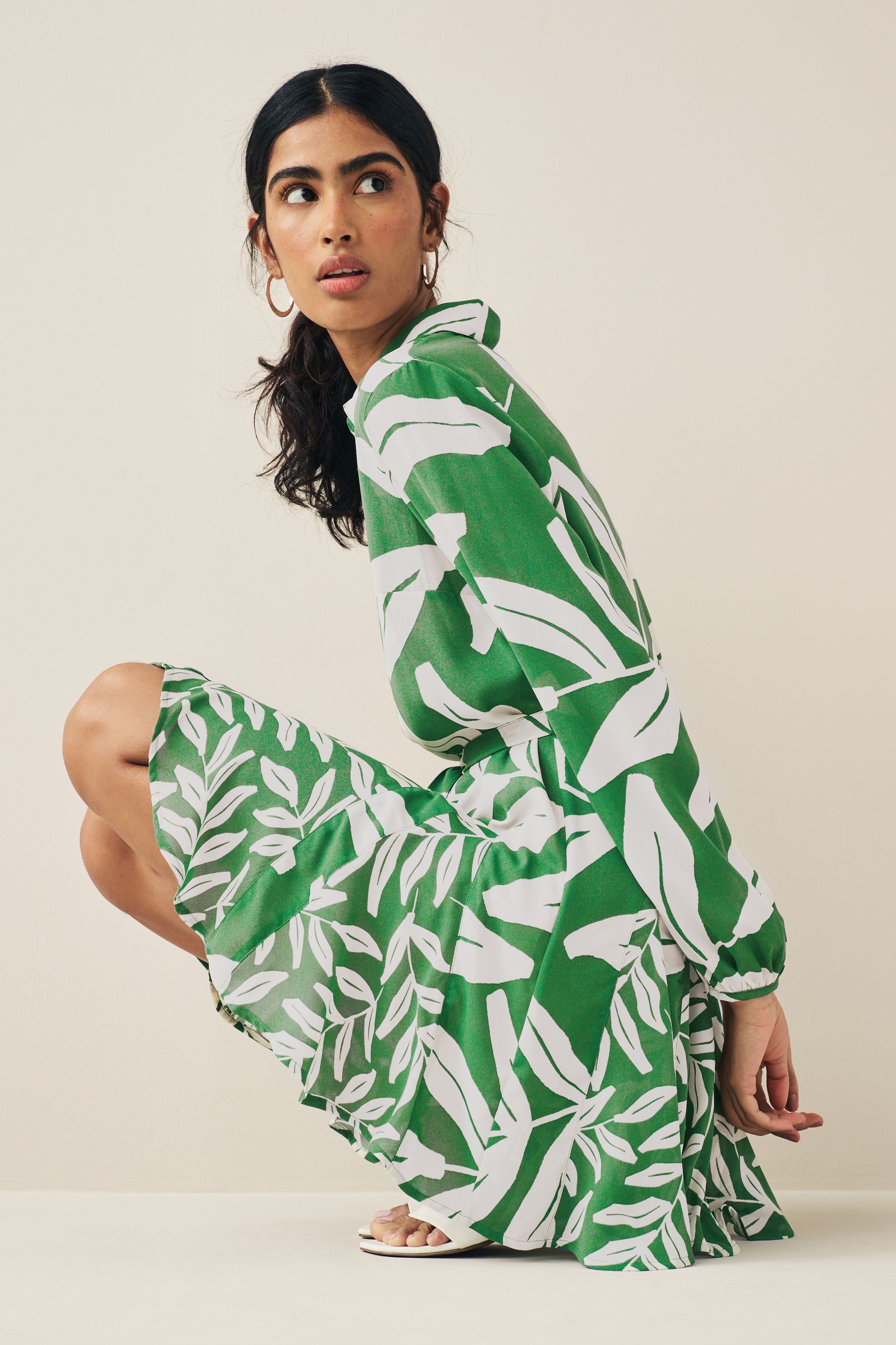 Buy Khaki Green and White Leaf Print Mini Belted Shirt Dress from Next Luxembourg