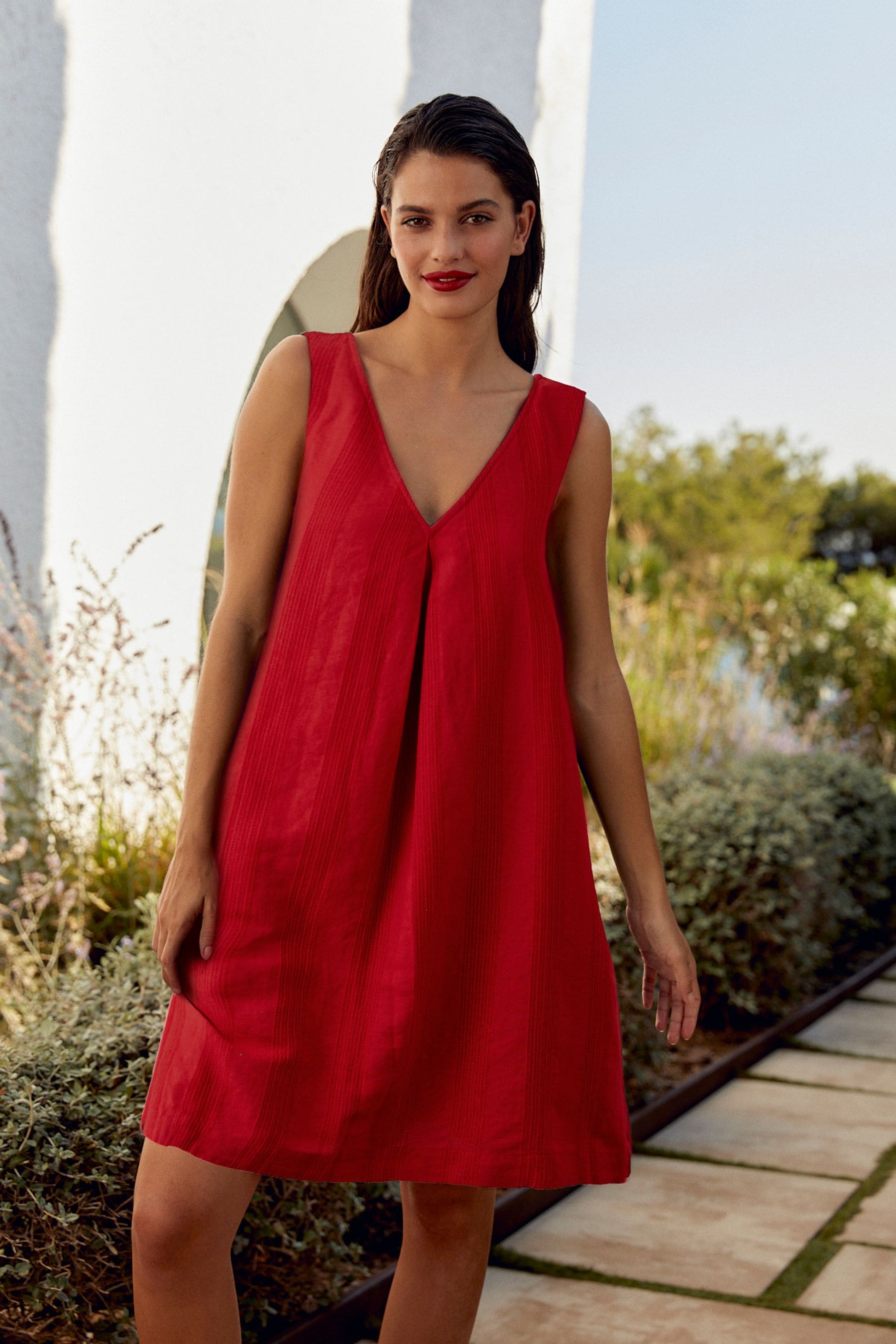 Buy Red Linen Blend V Neck Summer Mini Dress from Next Luxembourg