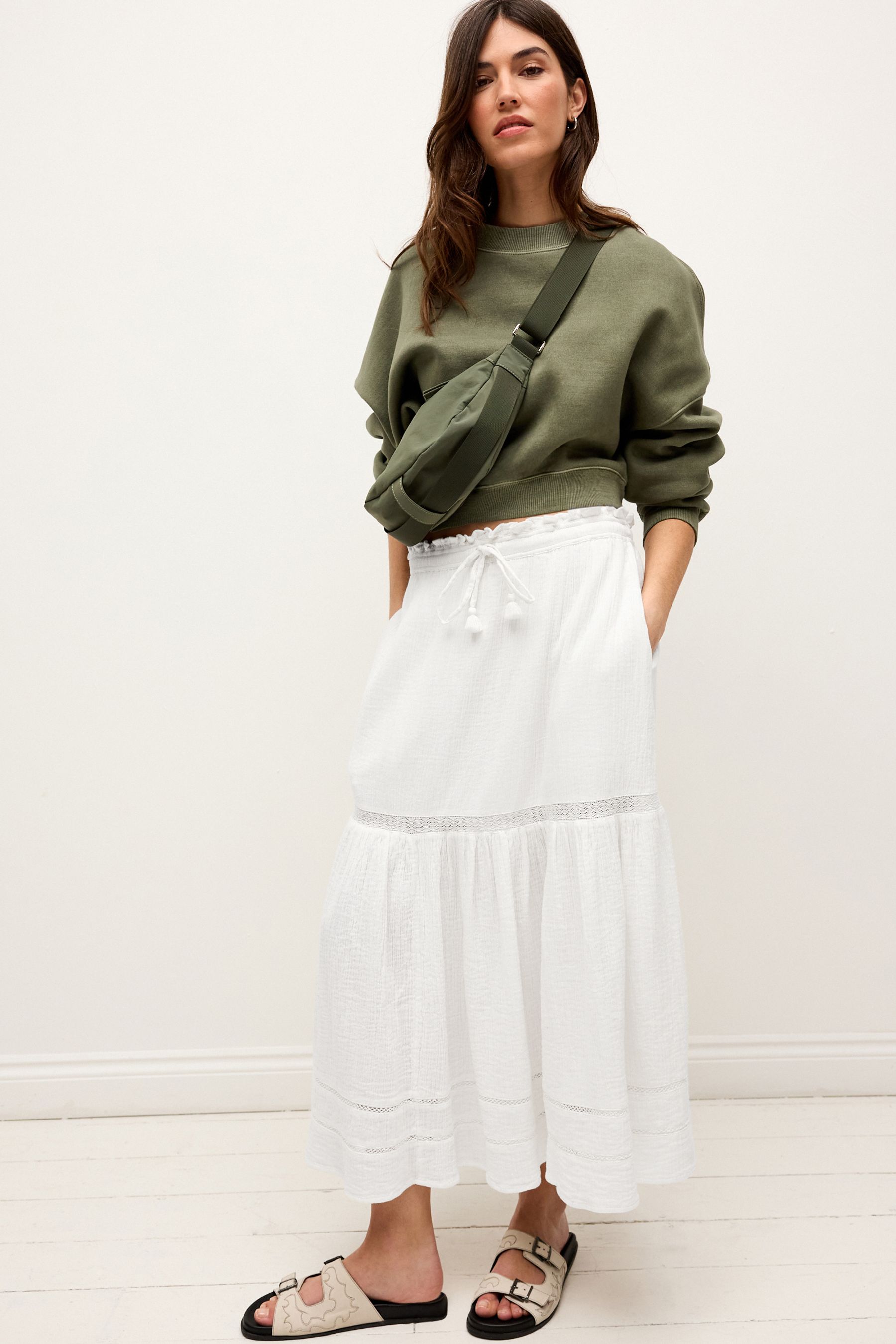 Buy White Crochet Insert Tiered Maxi Skirt from Next Luxembourg