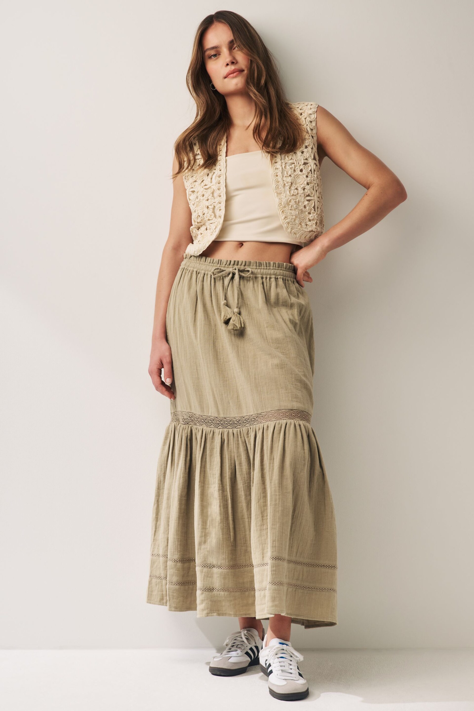 Khaki Green Crochet Insert Tiered Maxi Skirt - Image 1 of 6