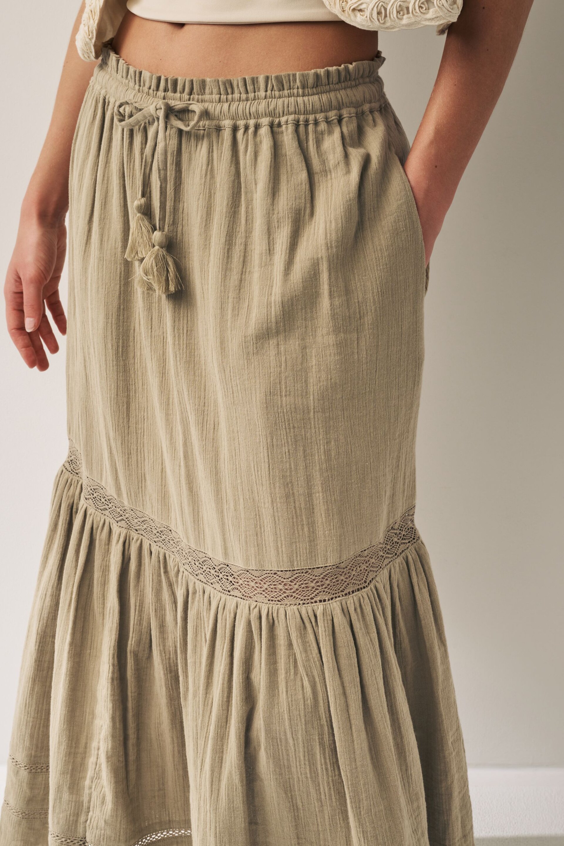 Khaki Green Crochet Insert Tiered Maxi Skirt - Image 4 of 6