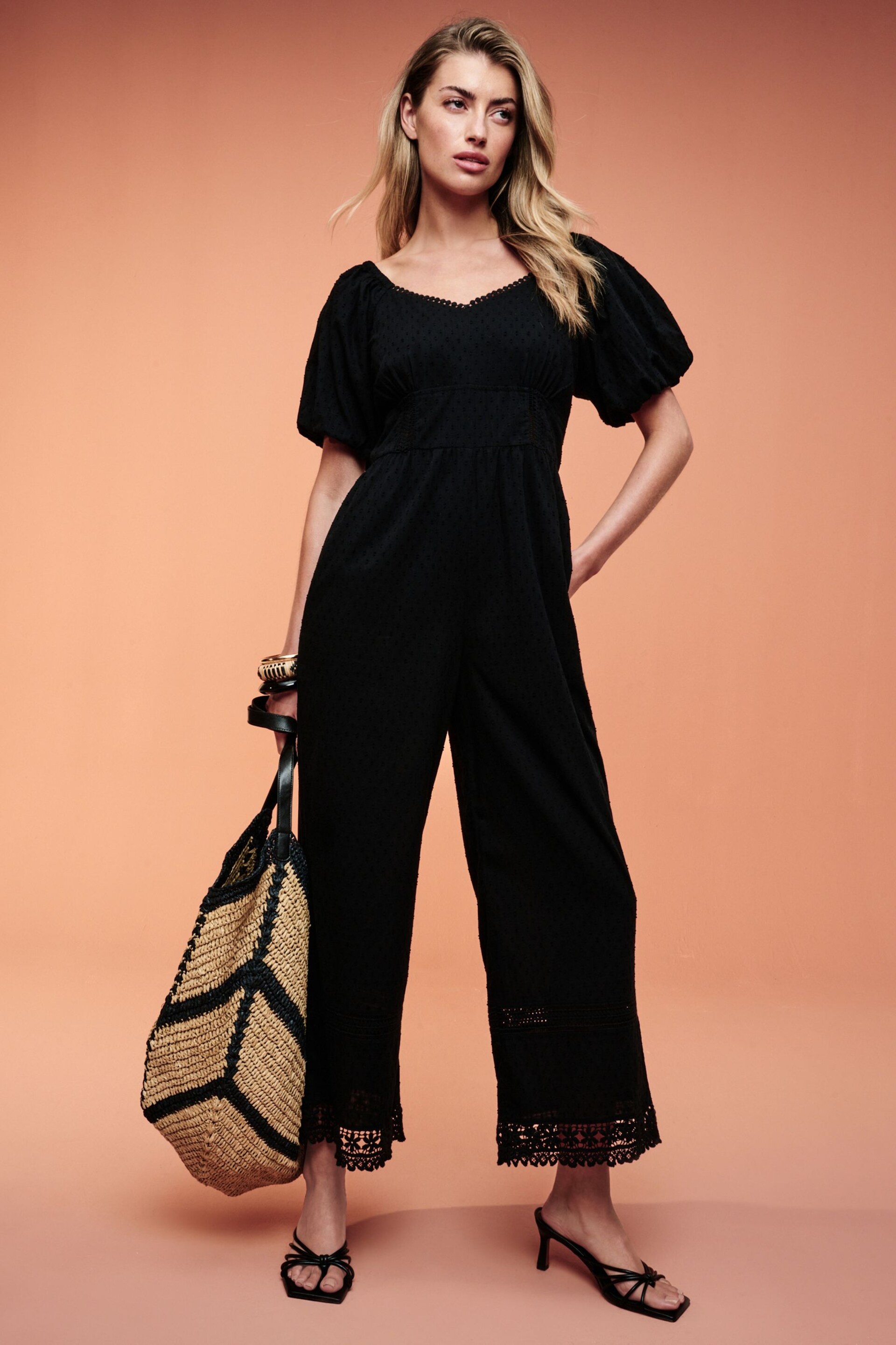 Black Dobby Textured Short Sleeve Jumpsuit - Image 2 of 6