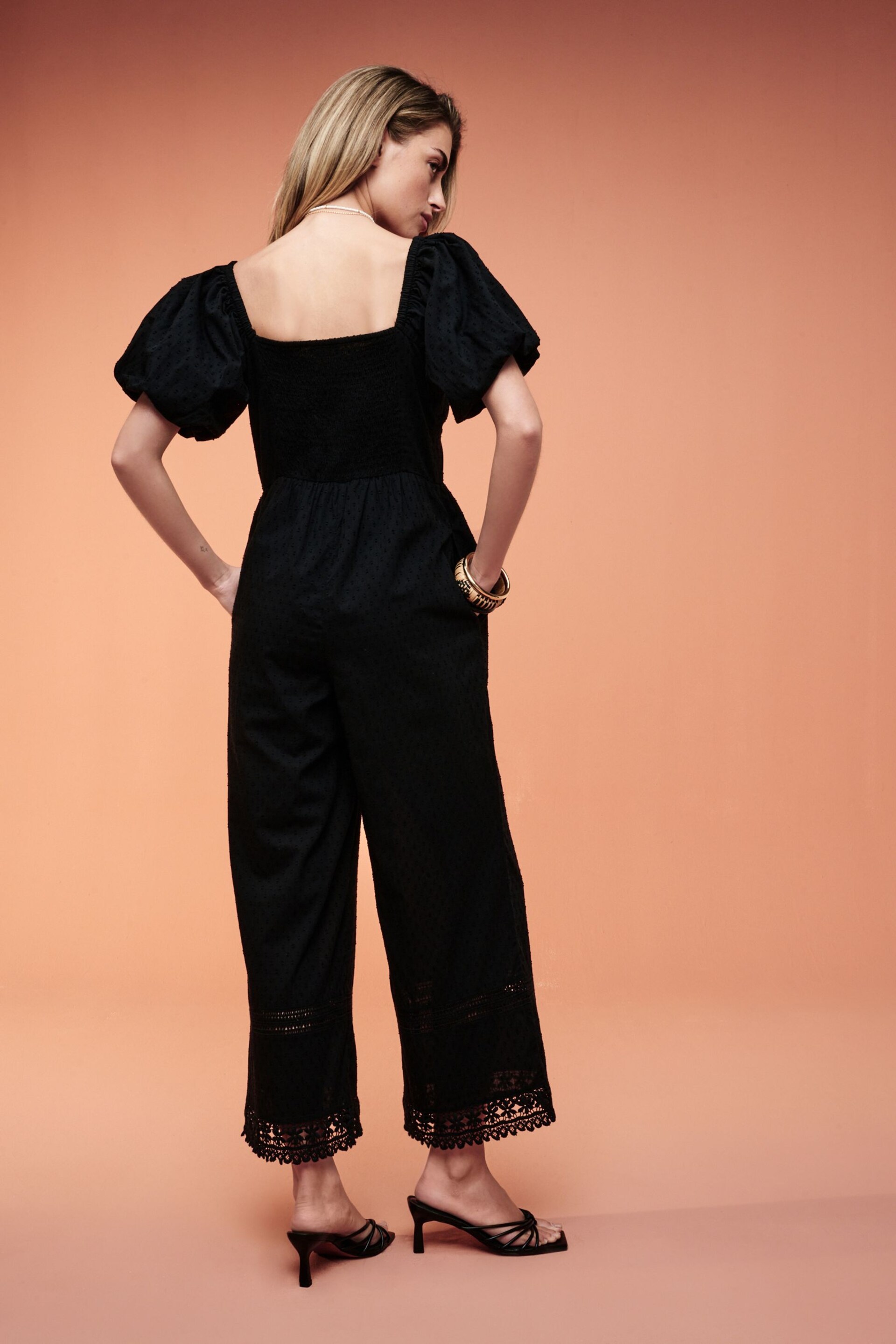 Black Dobby Textured Short Sleeve Jumpsuit - Image 3 of 6