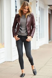 Sosandar Burgundy Red Leather Biker Jacket - Image 4 of 4