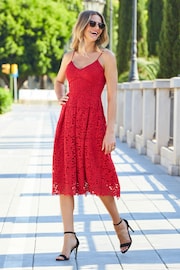 Sosandar Red Guipure Lace Strappy Fit And Flare Dress - Image 4 of 4