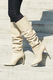 Sosandar Cream White Belle Leather Slouch Stiletto Heel Knee High Boots - Image 1 of 3