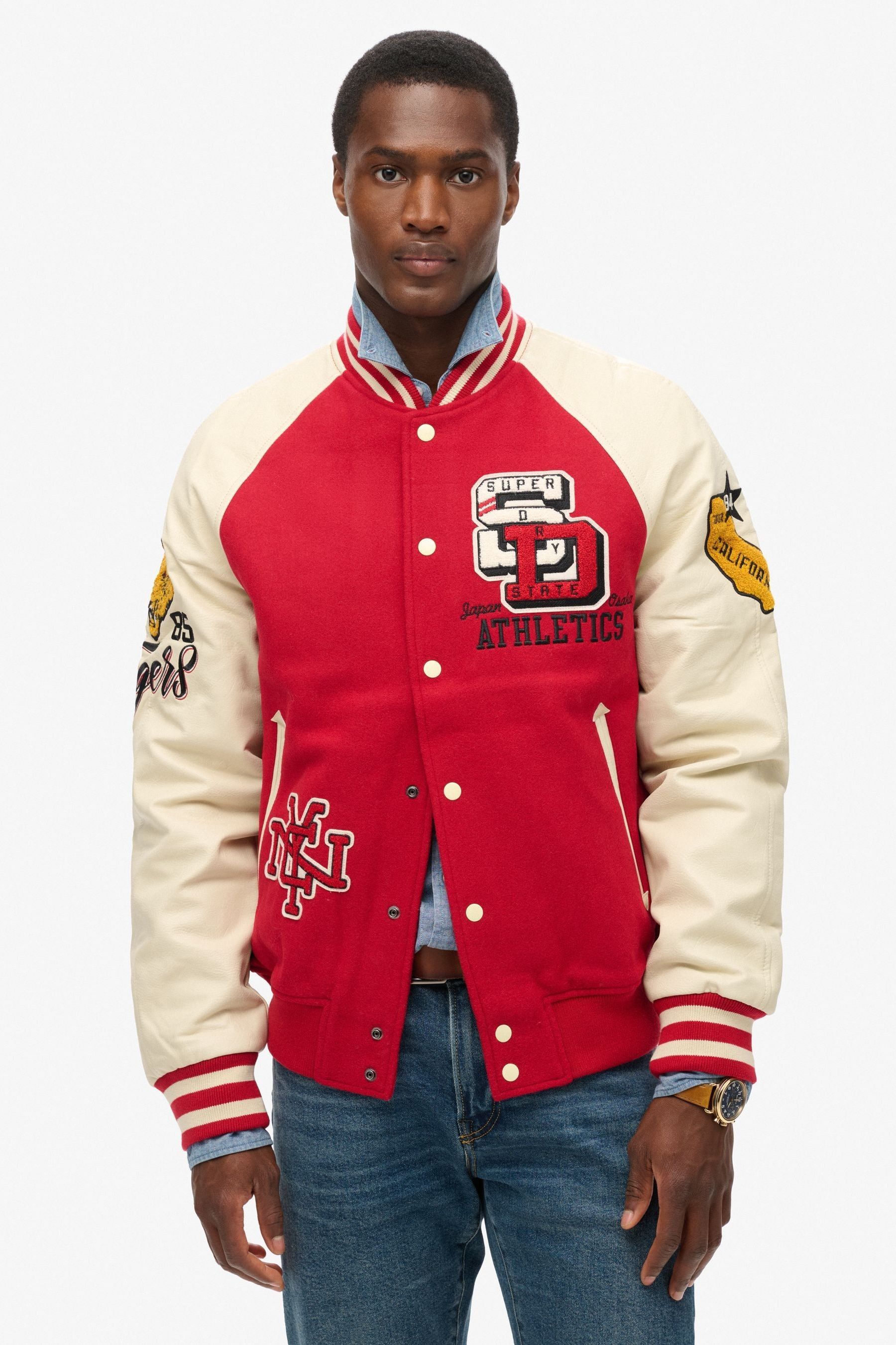 Red varsity bomber jacket sale