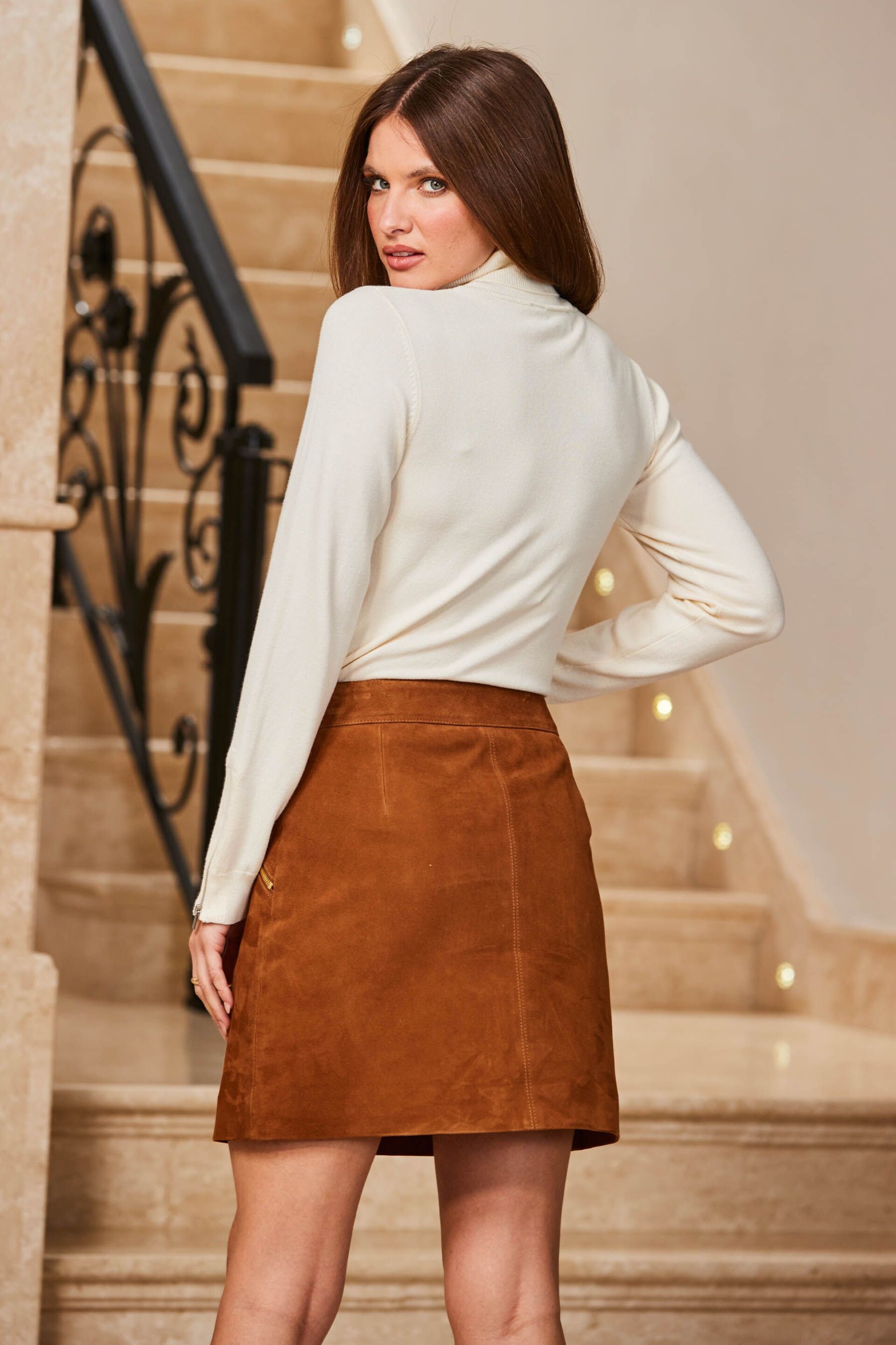 Sosandar Brown Suede Zip Through Mini Skirt - Image 2 of 5