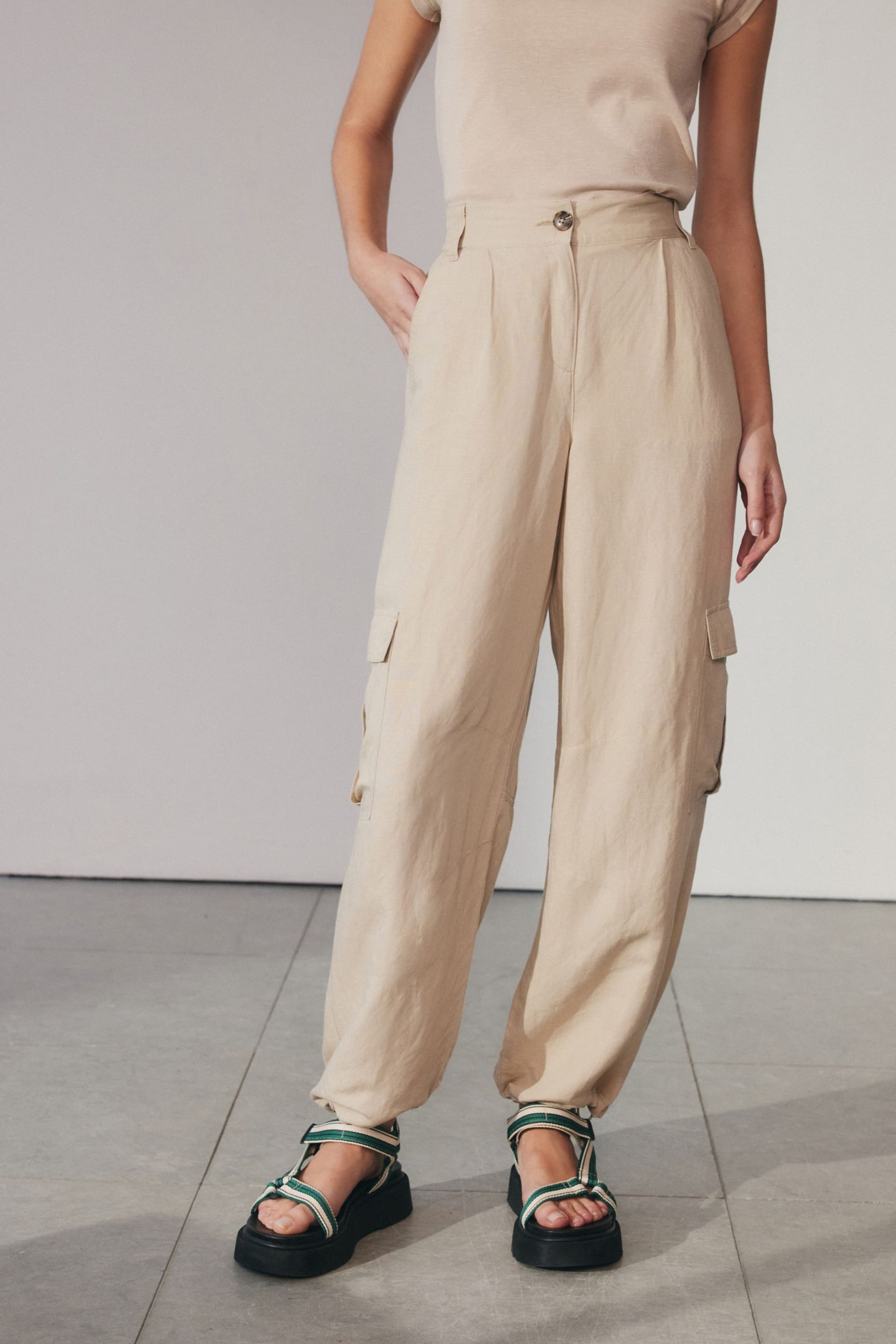 Natural Linen Blend Cargo Trousers - Image 3 of 7