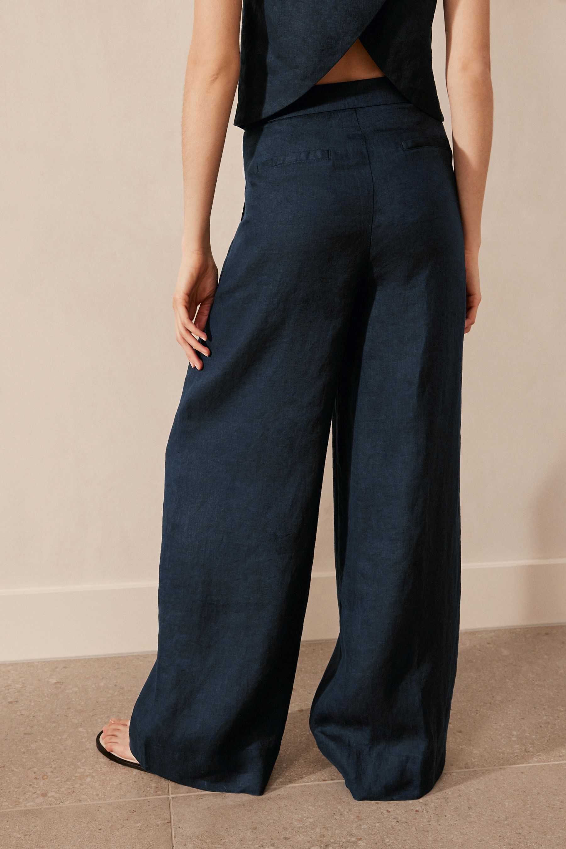 Buy Navy Blue 100 Linen Button Wide Leg Trousers from Next Luxembourg