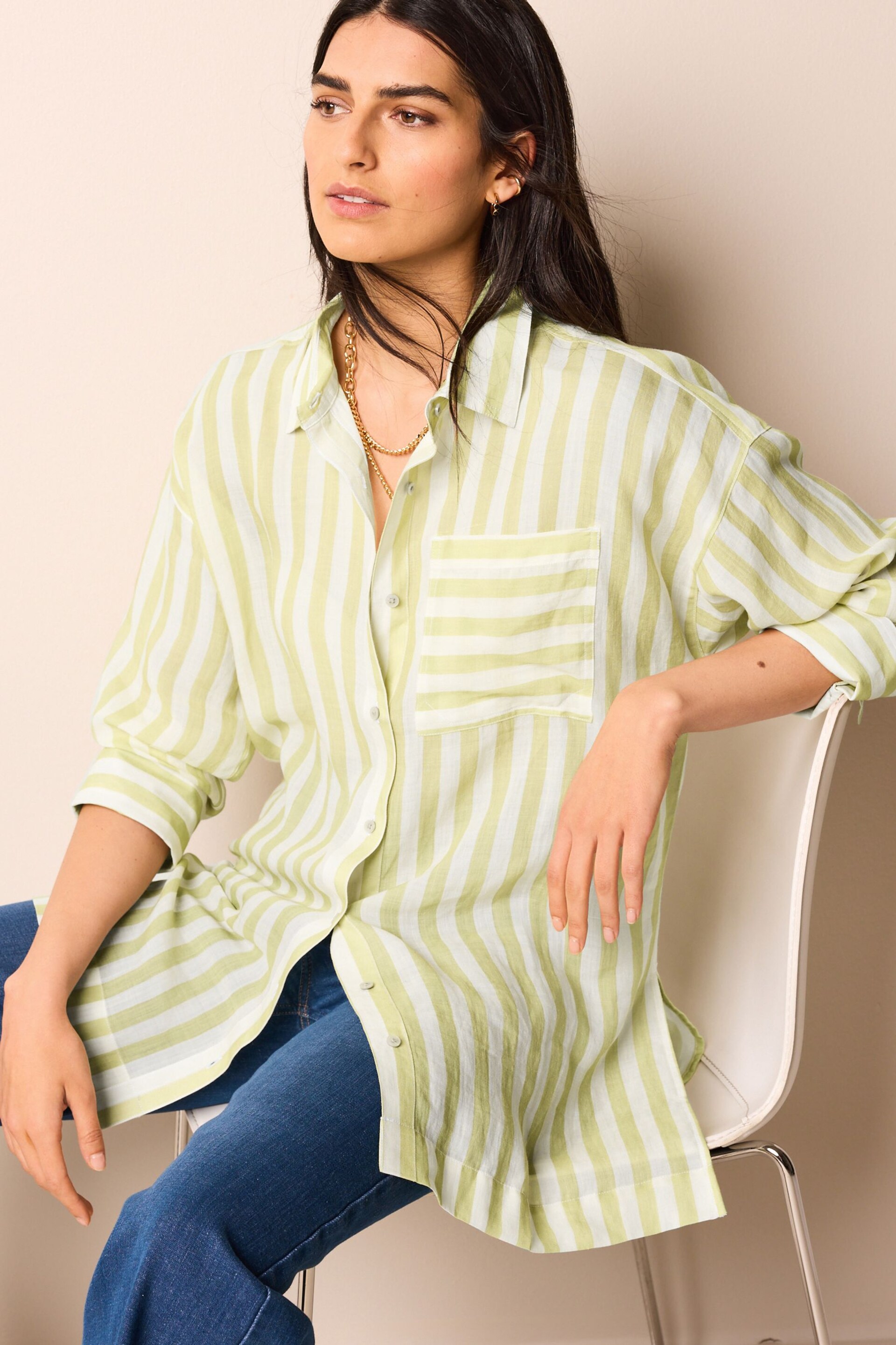 Green Stripe Linen Look Casual Summer Shirt - Image 1 of 5