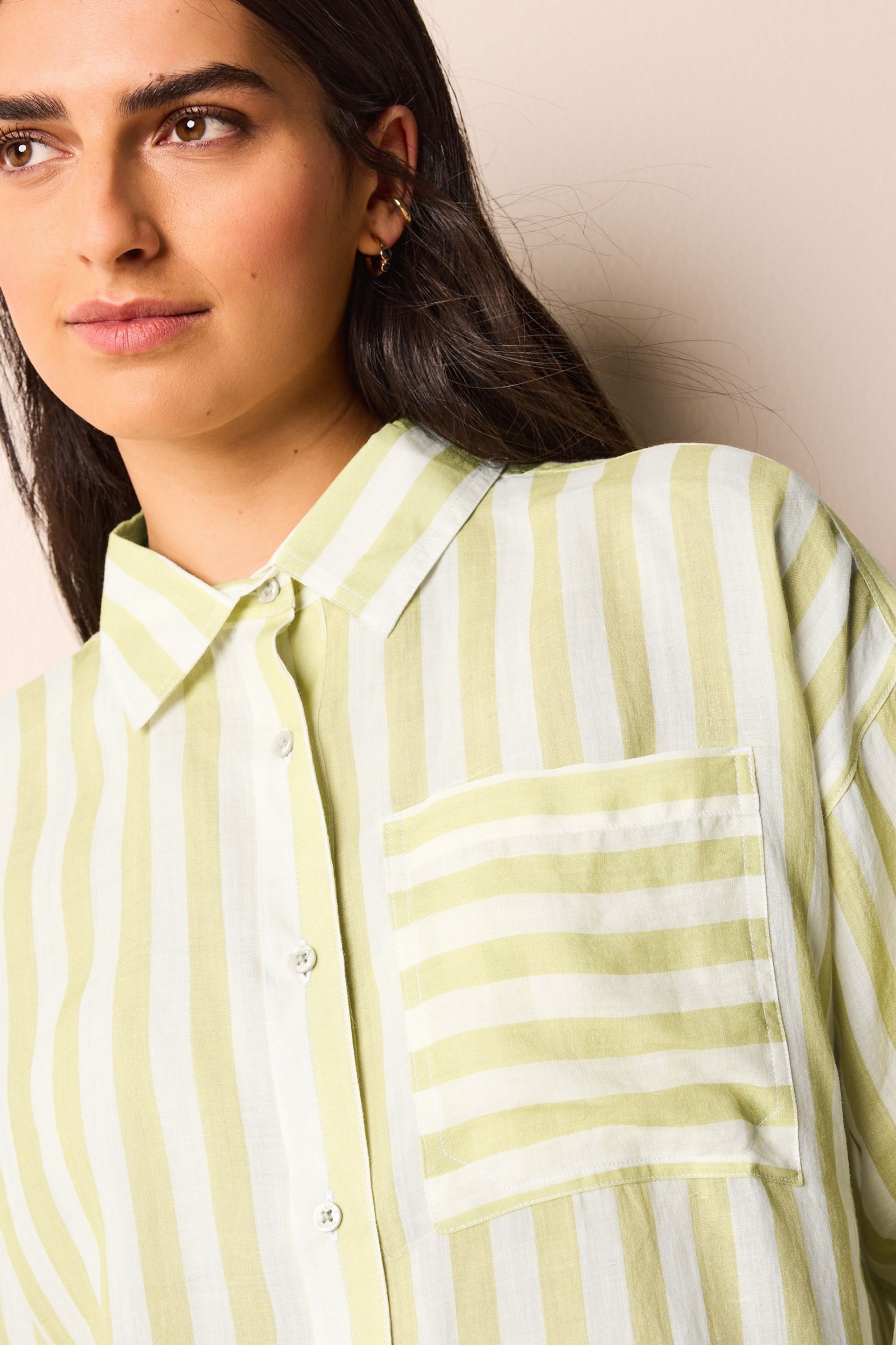 Green Stripe Linen Look Casual Summer Shirt - Image 3 of 5