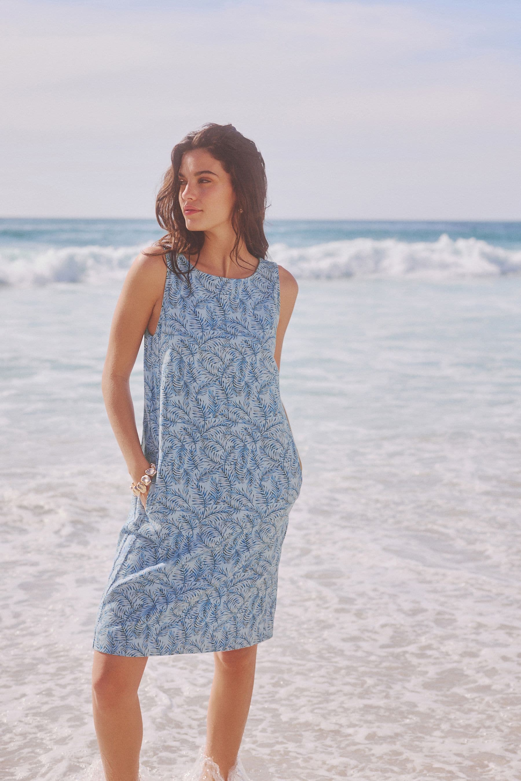Buy Blue White Linen Blend Sleeveless Shift Dress from Next Luxembourg