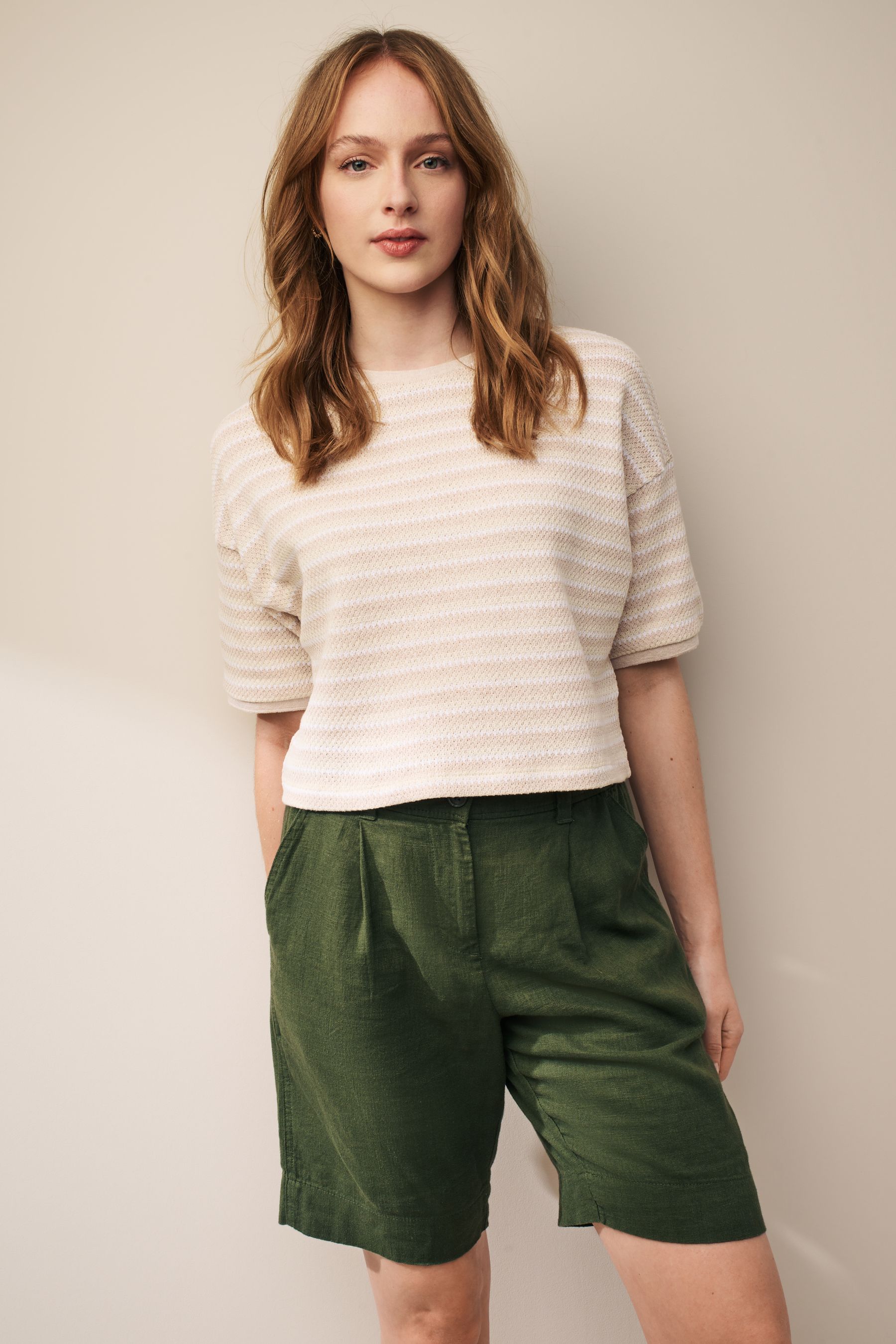 Buy Khaki Green Linen Blend Knee Length Shorts from the Next UK online shop