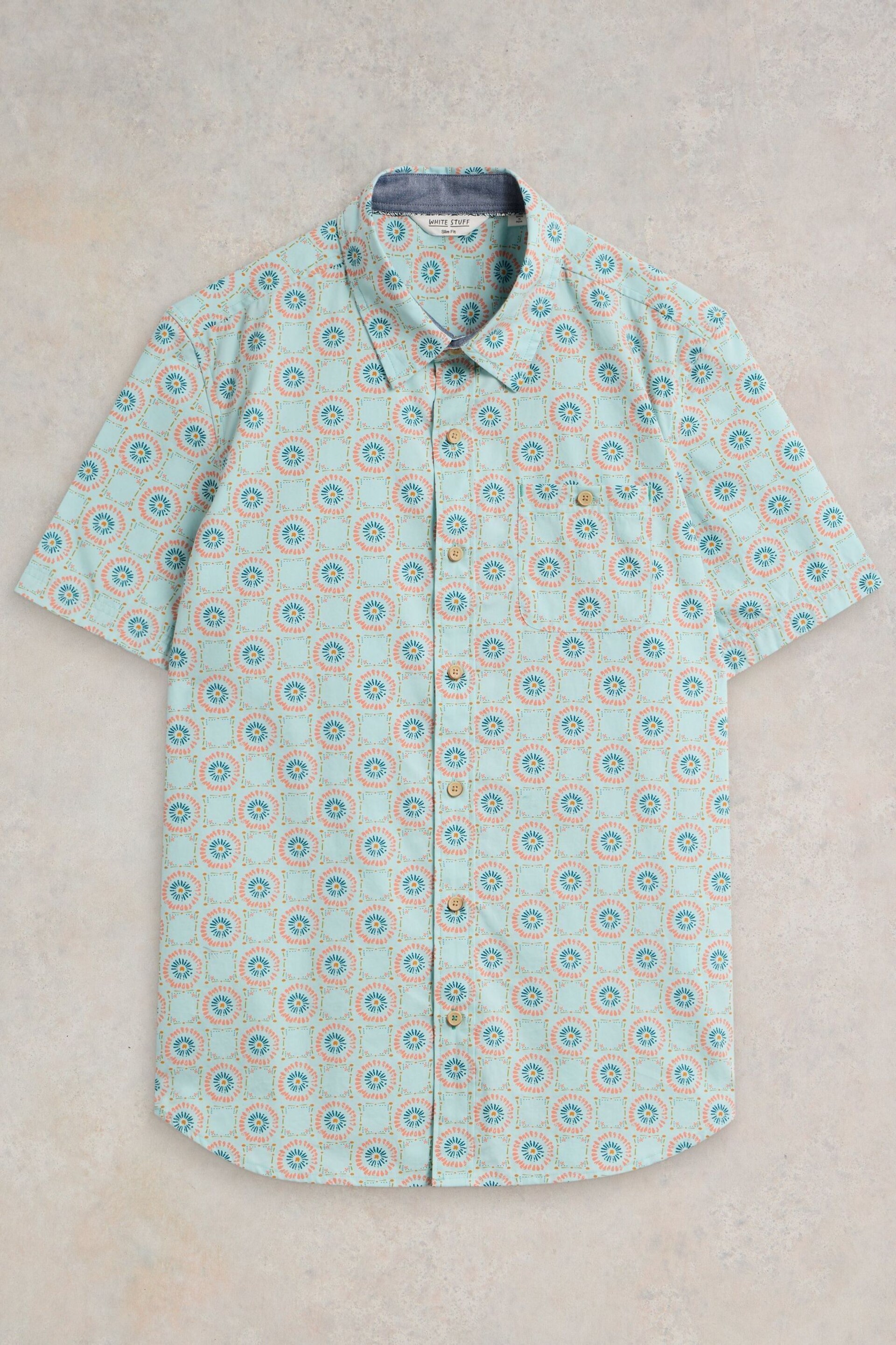 White Stuff Blue Daisy Tile Printed Short Sleeve Shirt - Image 5 of 7