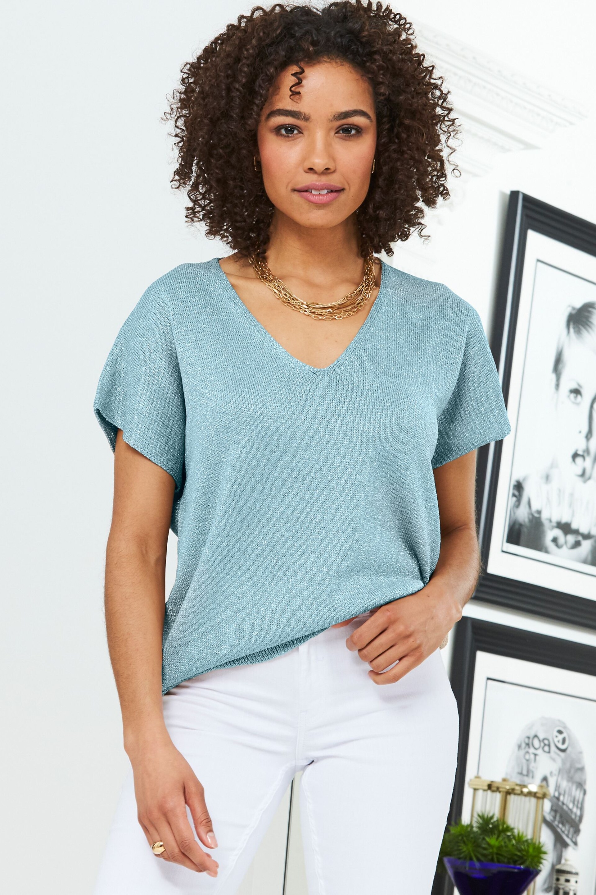 Sosandar Blue Metallic Short Sleeve Knitted Top - Image 1 of 4