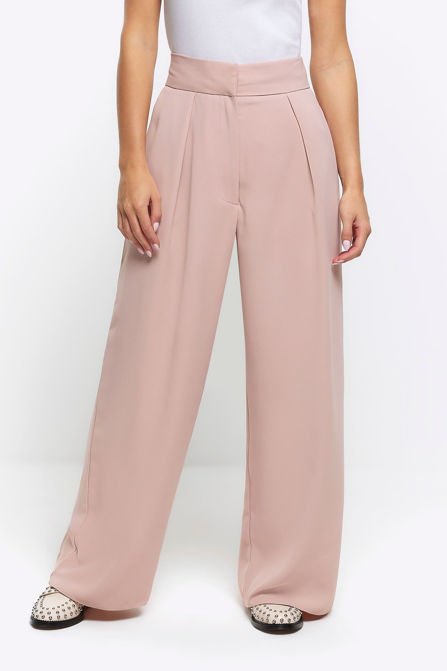 Buy River Island Pink Petite Wide Leg Pleated Trousers from Next Luxembourg