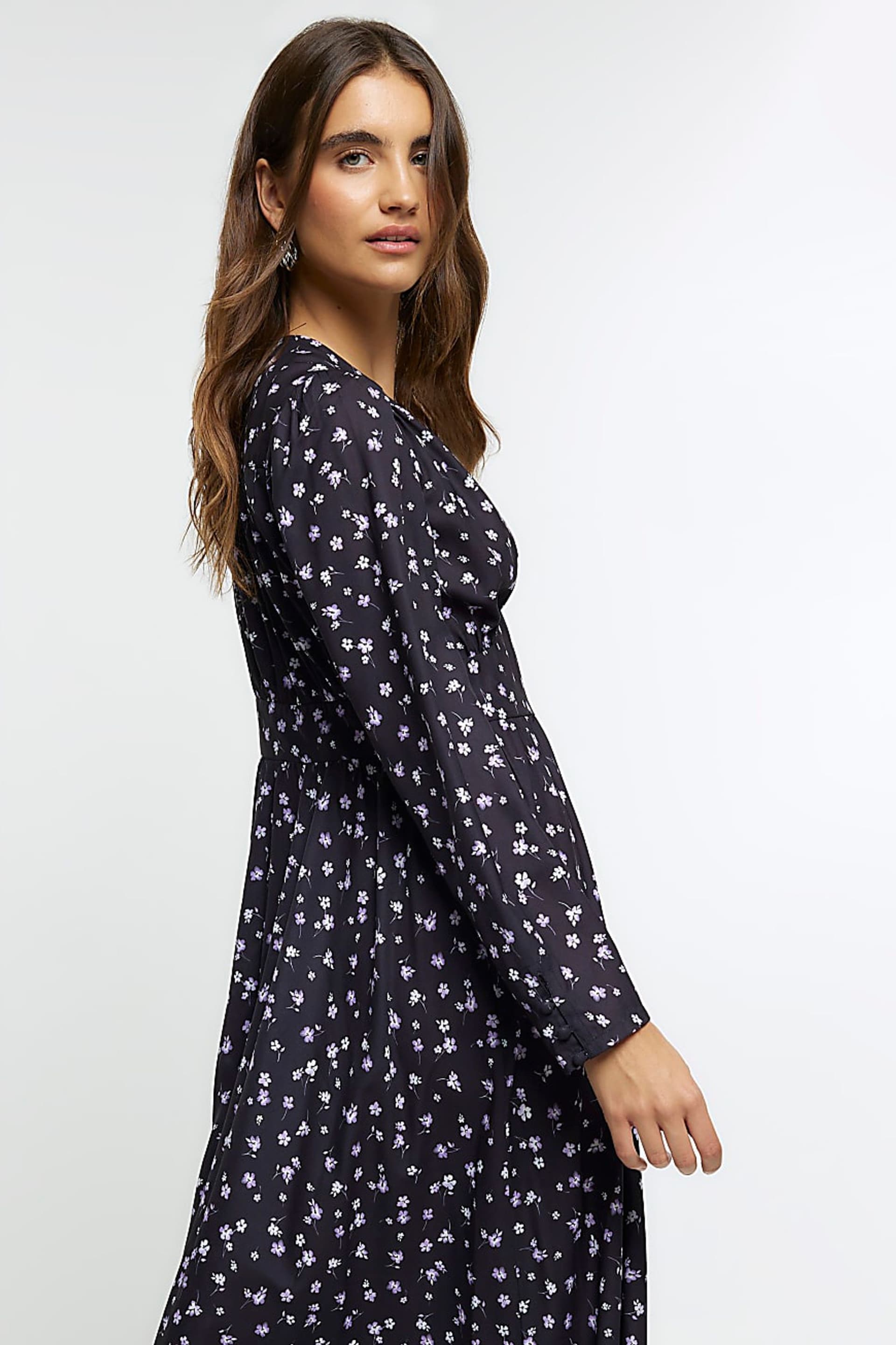 River Island Black Button Tea Floral Midi Dress - Image 4 of 6