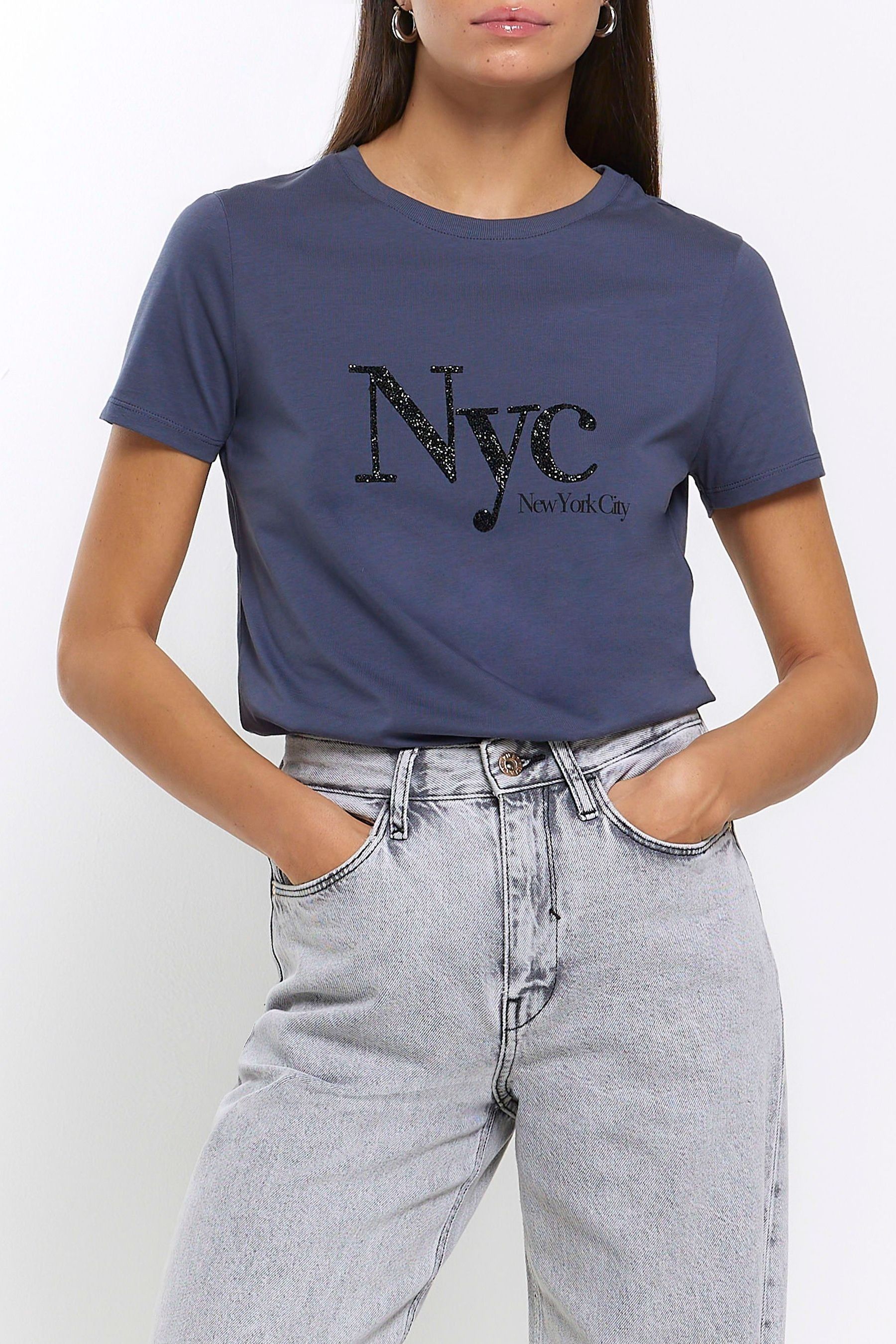 River Island Blue Beaded NYC T Shirt