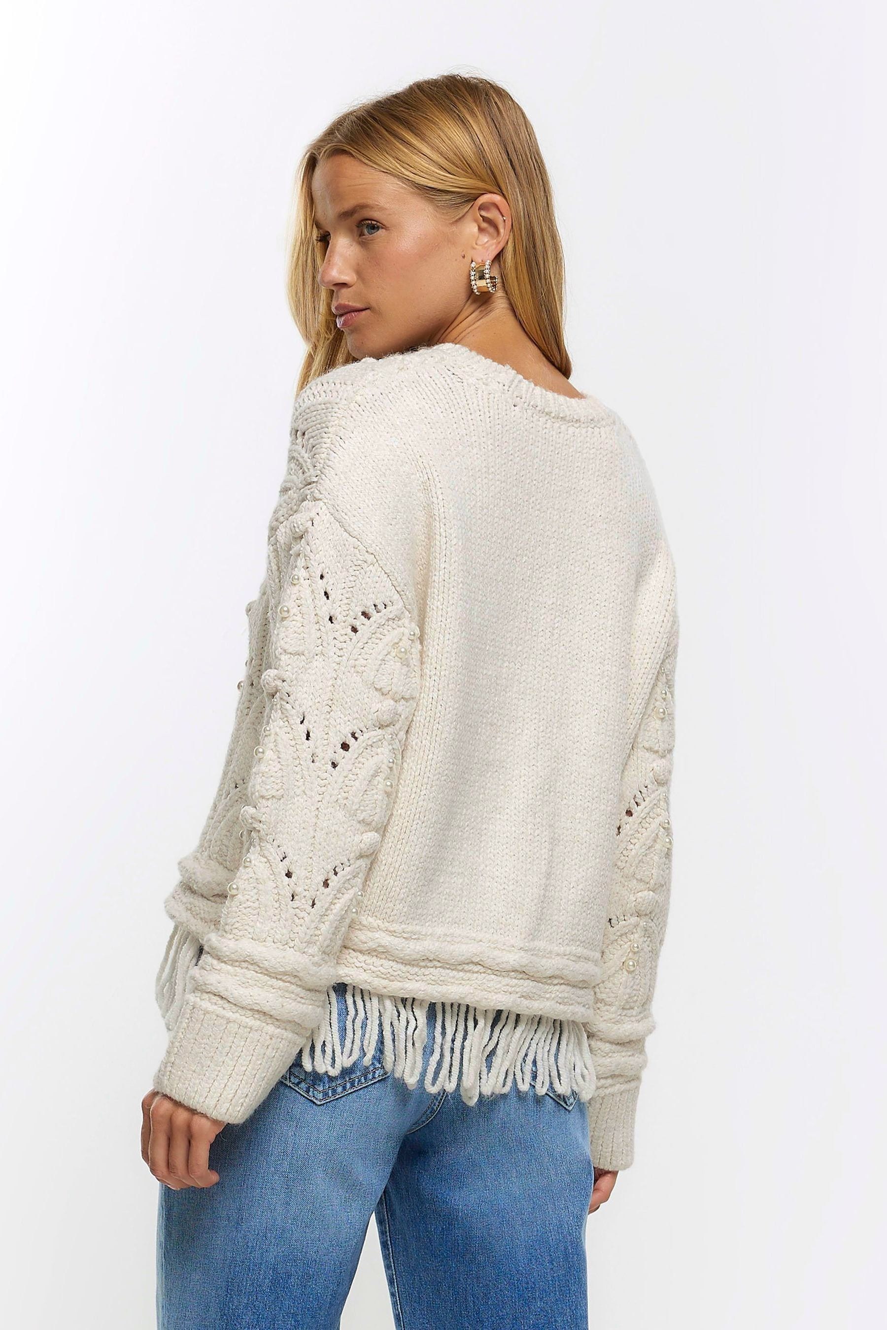 Buy River Island Cream Pearl Cable Fringe Jumper from Next Luxembourg