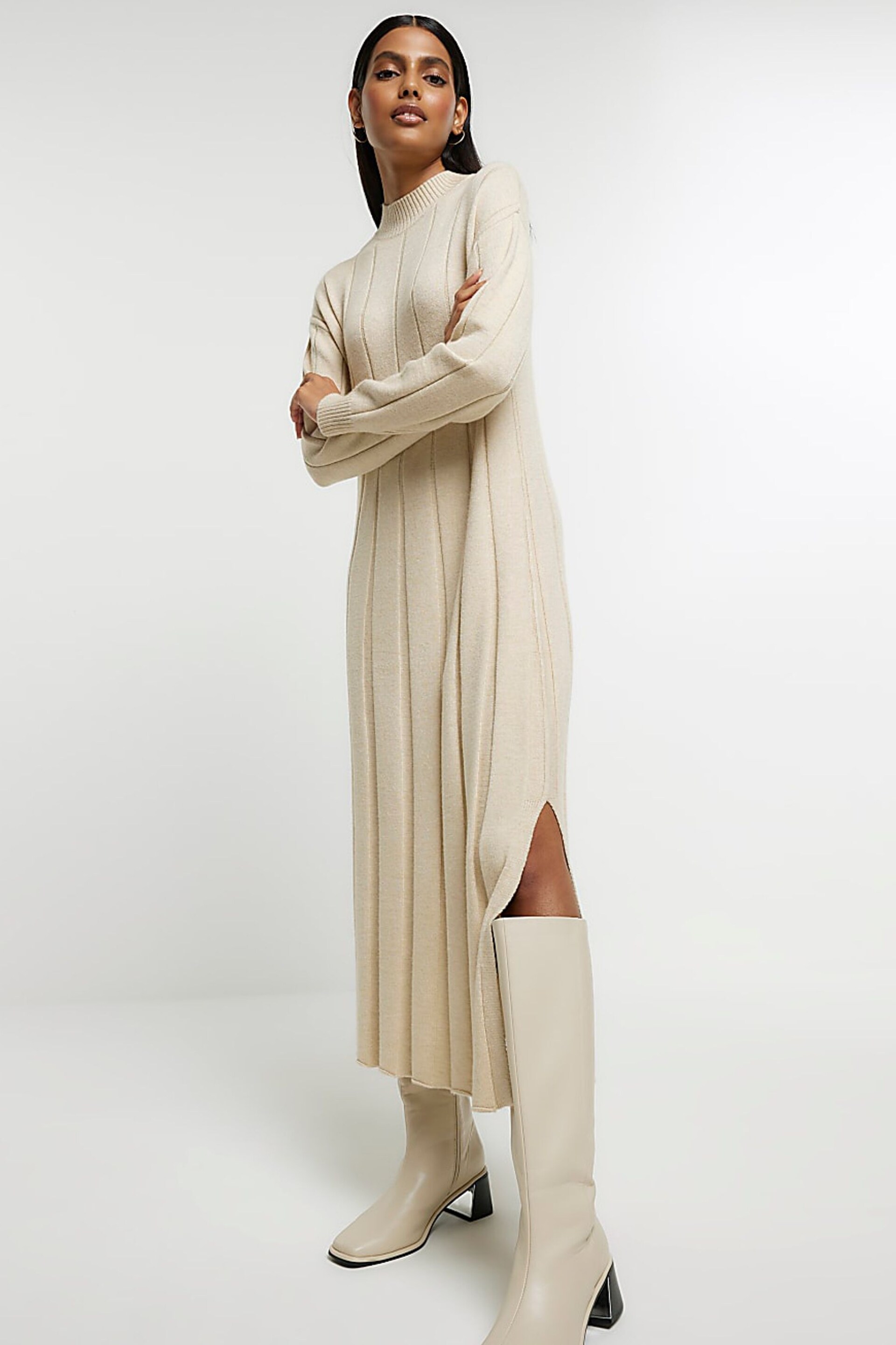 River Island Beige High Neck Knitted Maxi Dress - Image 4 of 6