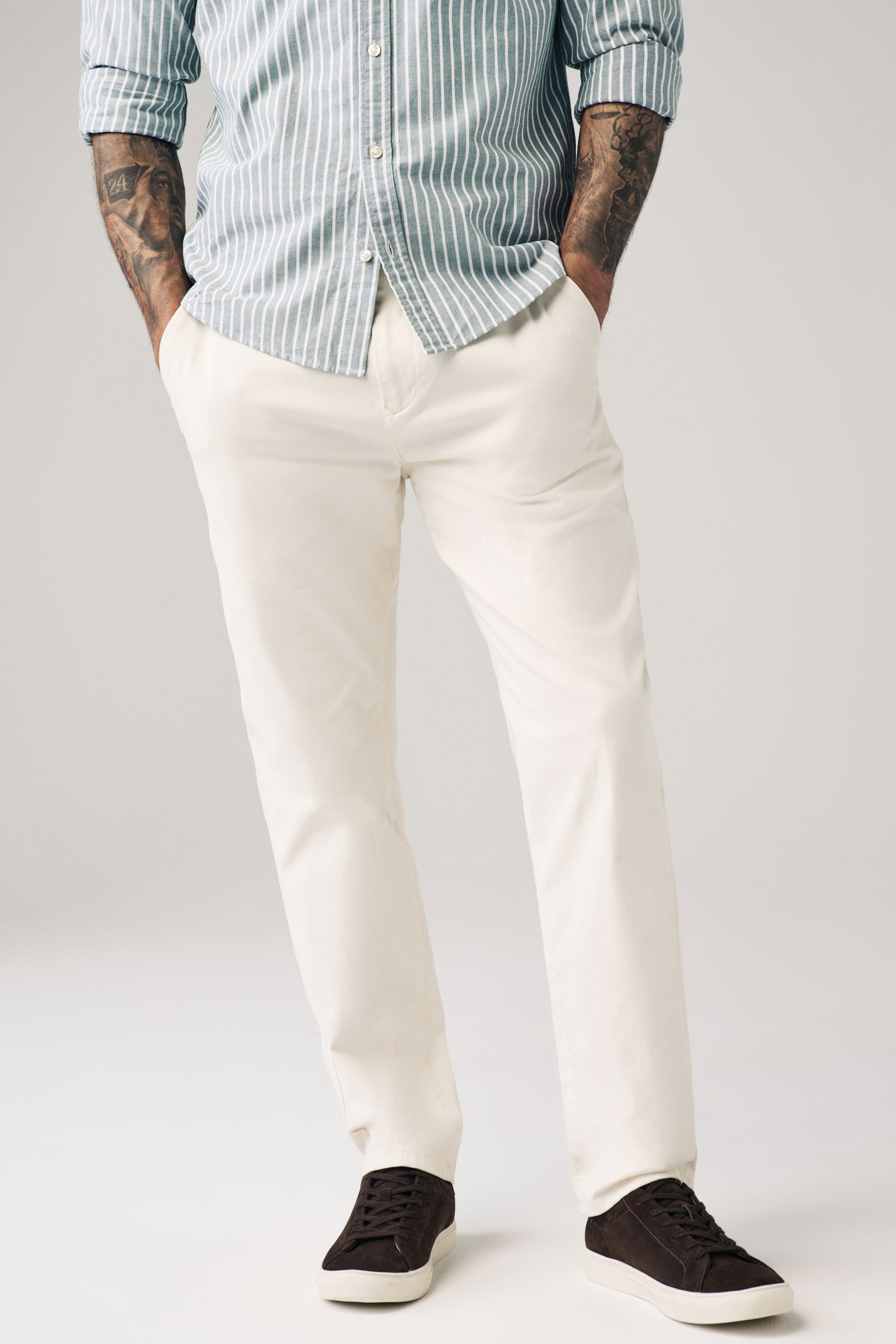 Ecru White Straight Fit Stretch Chino Trousers - Image 1 of 11