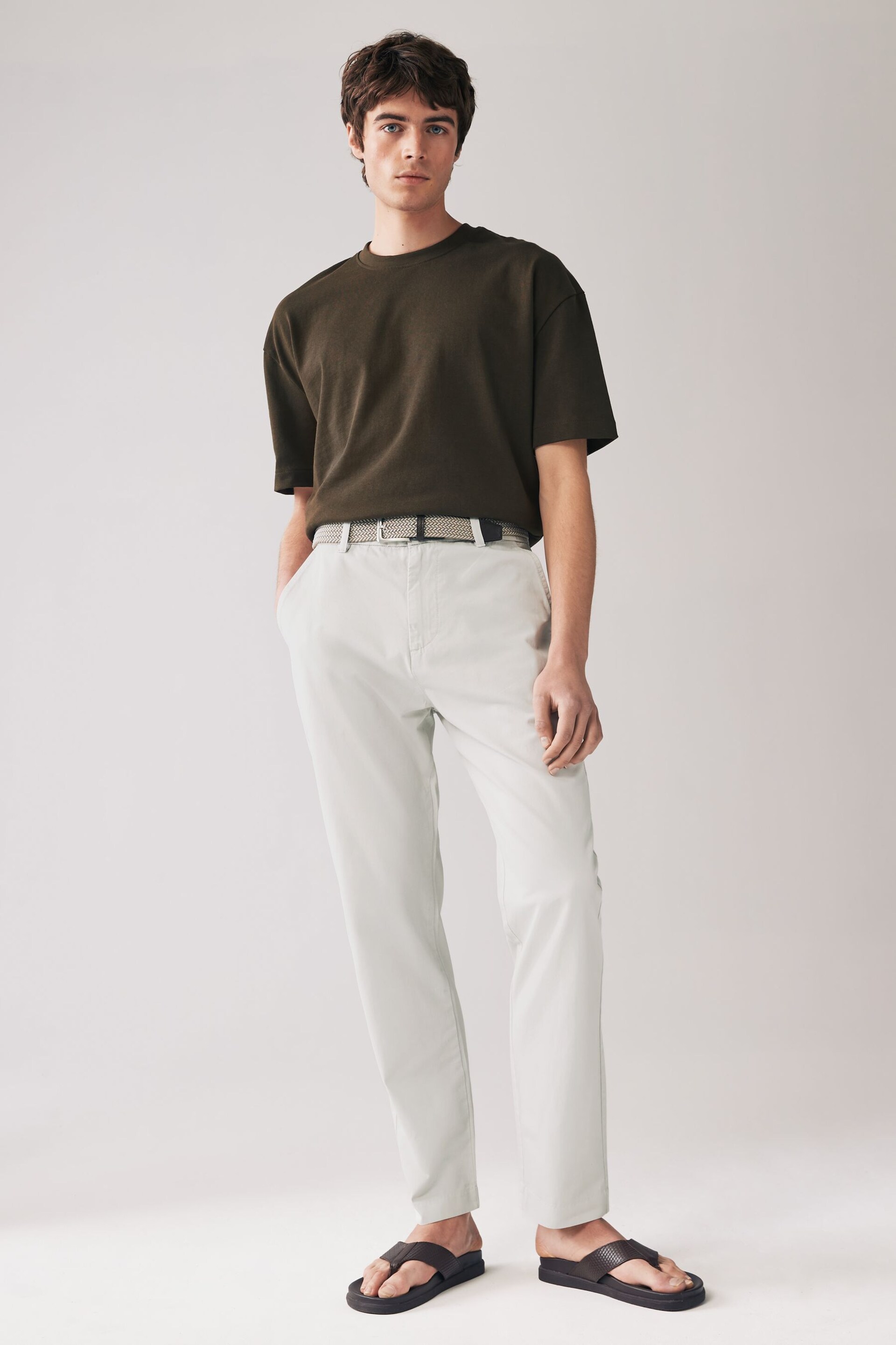 Light Stone Belted Linen Blend Trousers - Image 2 of 8